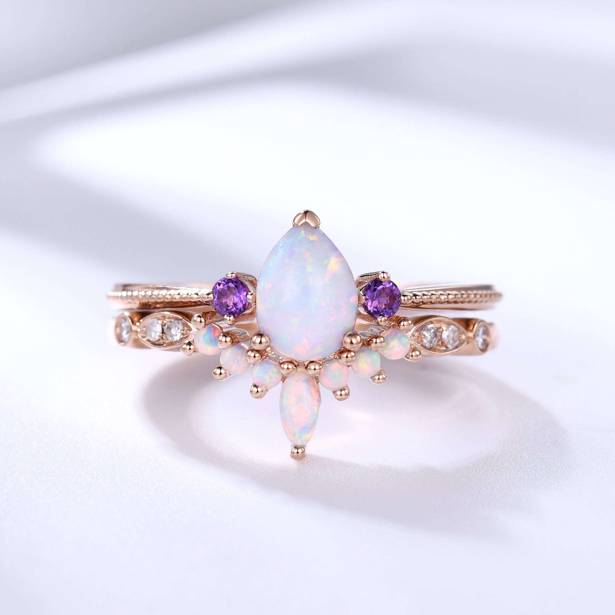 Exquisite Pear Opal Engagement Ring Set in Rose Gold with Amethyst Accents - Perfect for Wedding, Proposal & Anniversary Gifts