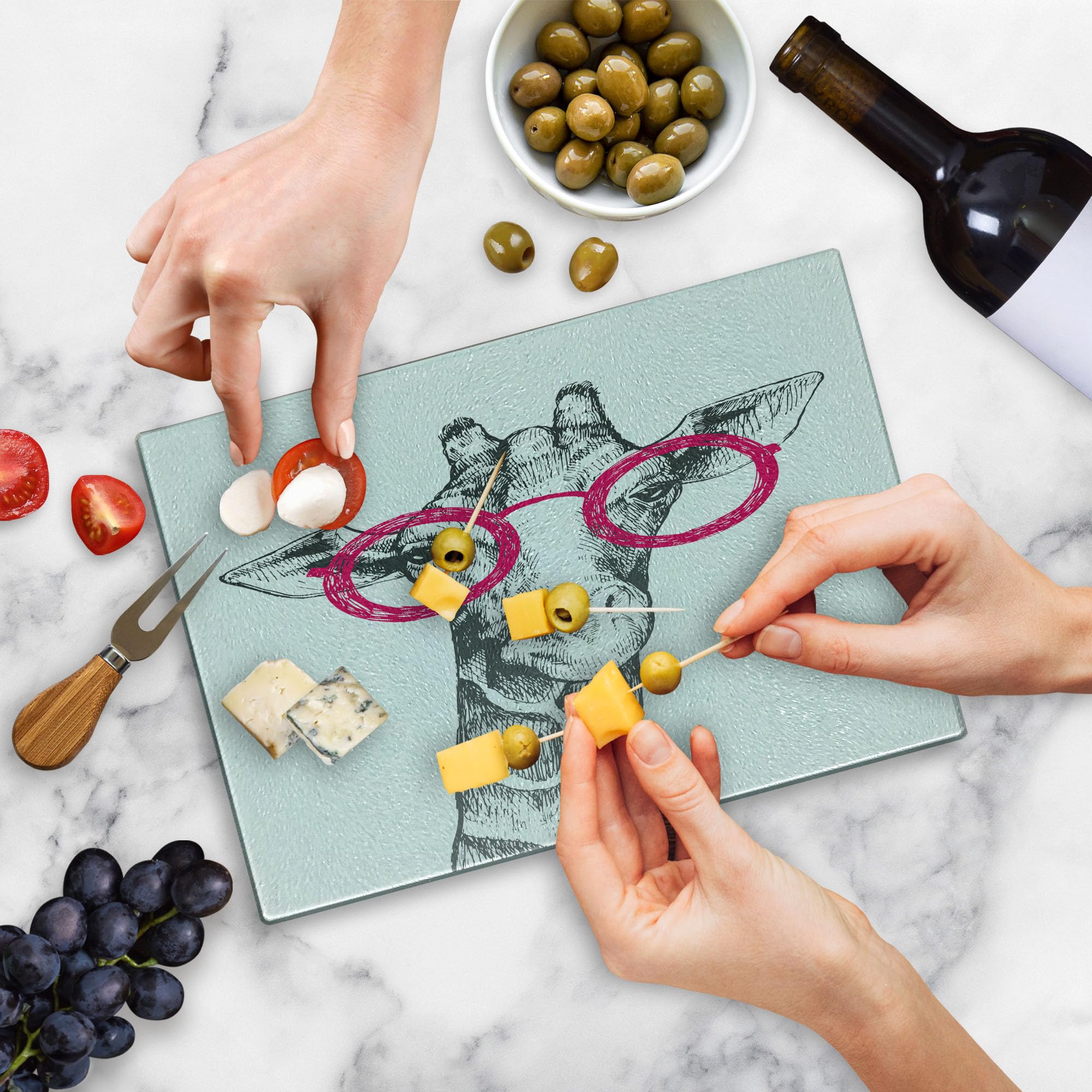Ambesonne Funny Animal Retro Fashion Round Glasses Cutting Board - Hand Drawn Decorative Tempered Glass Serving Board - Small Size White & Pink - Perfect for Summer Parties, Kitchen Decor & Gift Giving