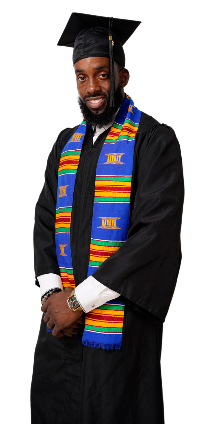 Hand Woven Blue and Gold Kente Cloth Graduation Stole - Authentic African Heritage Sash DP2169BLU for Graduation Ceremonies, Cultural Events & African Pride Celebrations