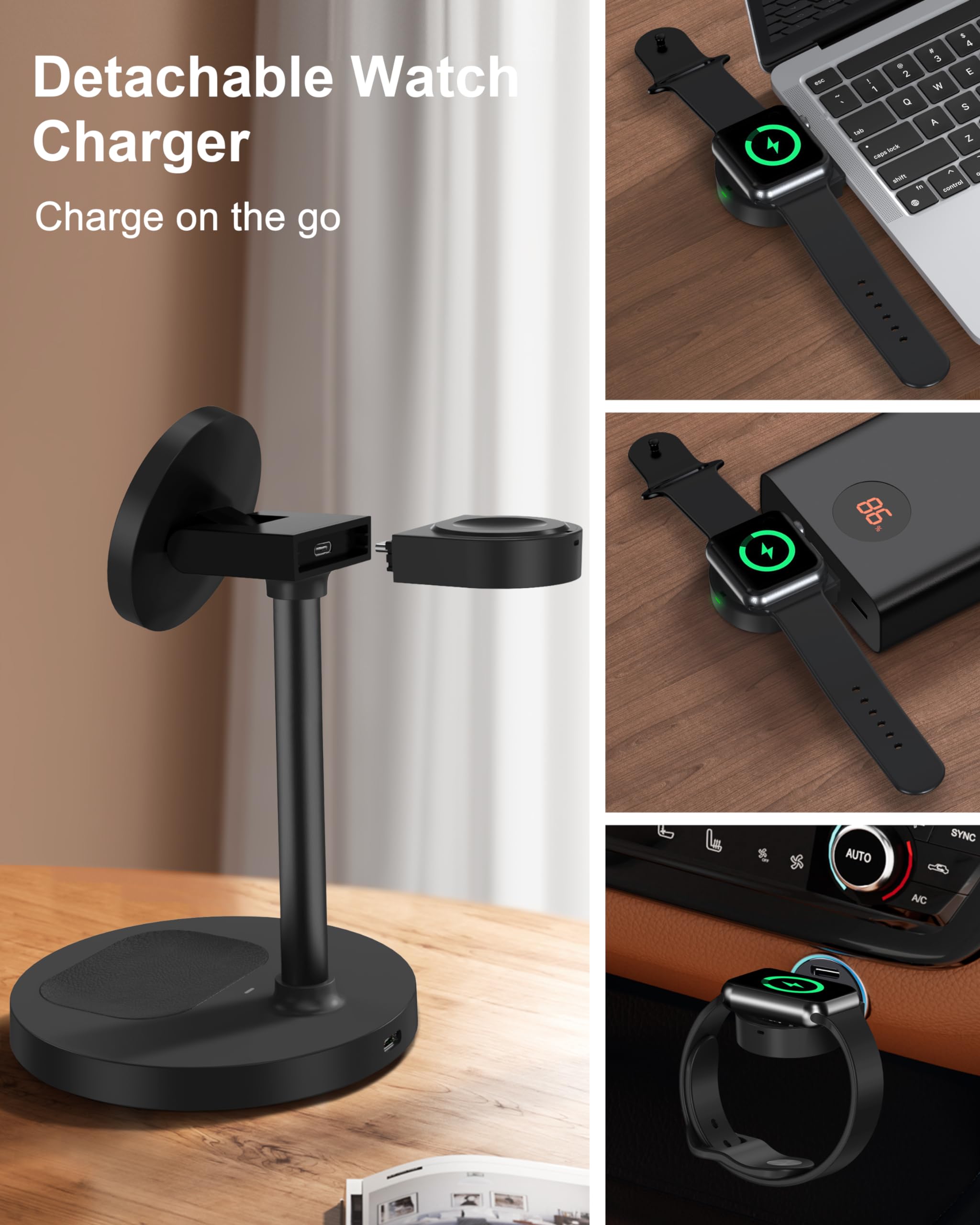 3-in-1 Magnetic Wireless Charger Stand for iPhone 16/15/14/13/12 Series | Fast Charging Station for Apple Watch & AirPods | Aluminum Alloy Base with Leather Pad (Black) - Perfect for Home, Office & Nightstand Charging