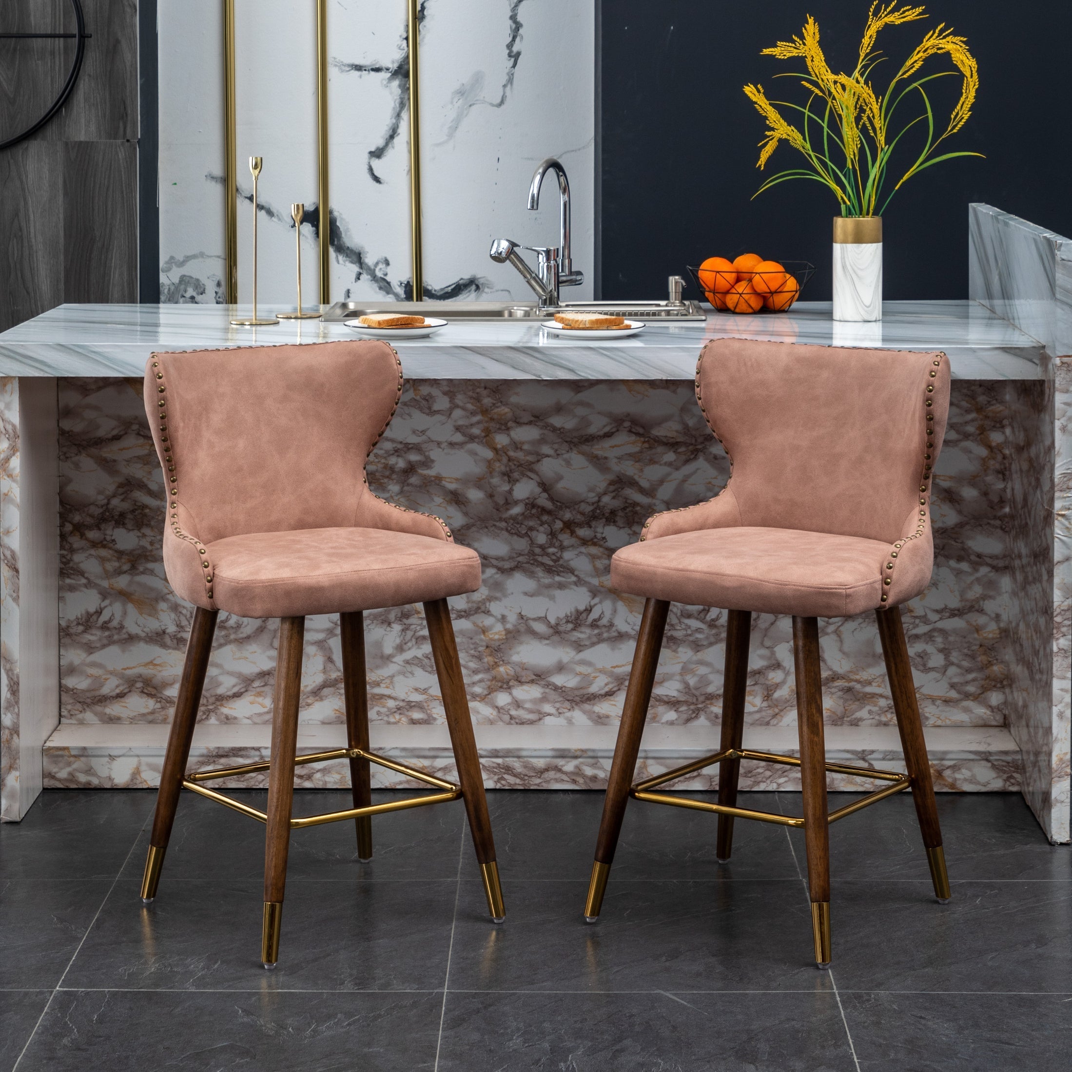 Roundhill Furniture Nevis Mid-Century Modern Faux Leather Tufted Counter Stool with Nailhead Trim - Set of 2, Pink - Perfect for Kitchen Islands, Breakfast Bars & Home Decor