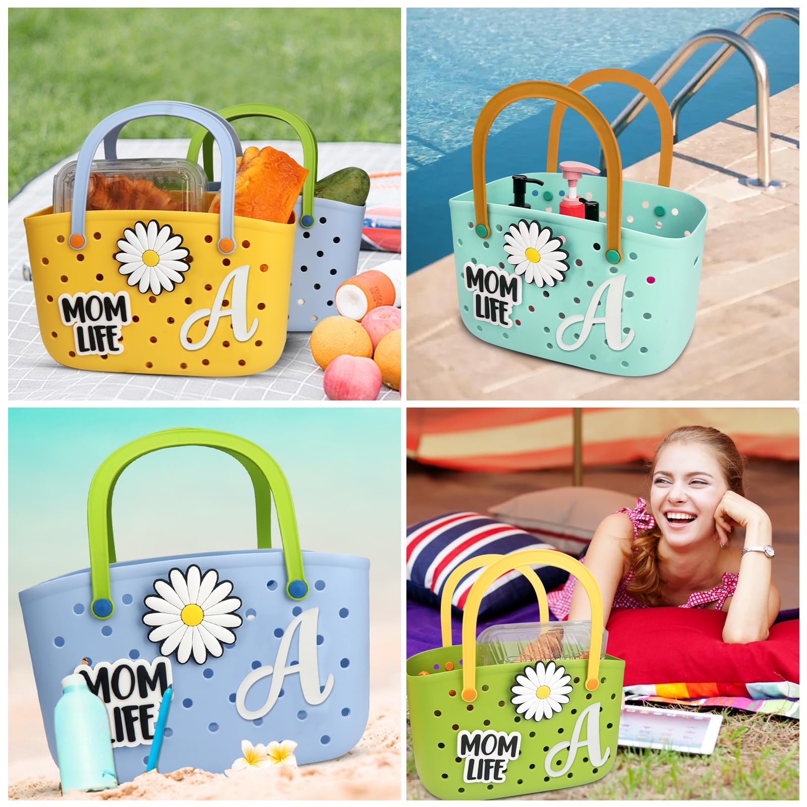 CONLI 3-Piece Letter Charms for Bogg Bag - Decorative Alphabet Inserts for Rubber Beach Tote & Handbag - Floral Accessories for Beach, Pool & Summer Outings