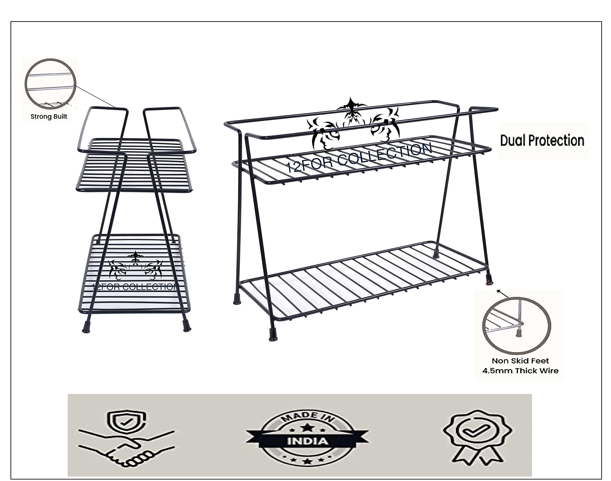 CR18 COLLECTION Black 2-Tier Kitchen Rack Organizer - Space Saving Trolley Basket for Utensils, Dishes & Plates - Perfect for Small Kitchens, Pantries & Dining Areas