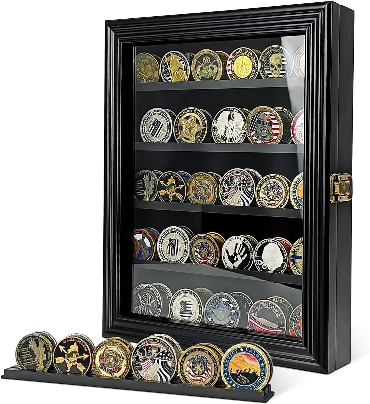 NobaeCrs Military Challenge Coin Display Case - Wooden Coin Stand Rack with HD Toughened Glass, Wall Mount & Removable 2-Shelf Design (Black) - Perfect for Collectors, Veterans, and Office Decor