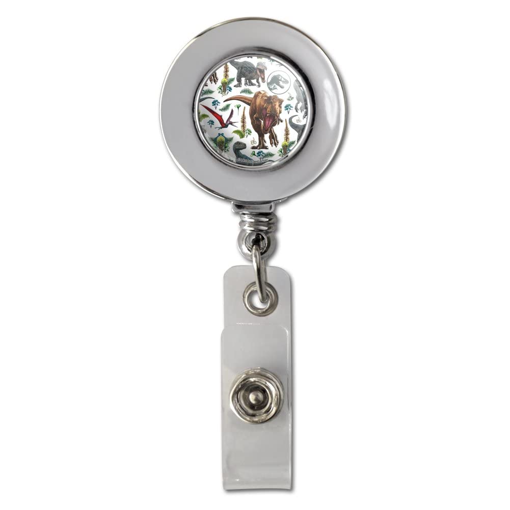 Jurassic World Dinosaur Pattern Retractable Badge Reel - Chrome ID Card Holder Clip for Work, School & Events | Official Licensed Merchandise