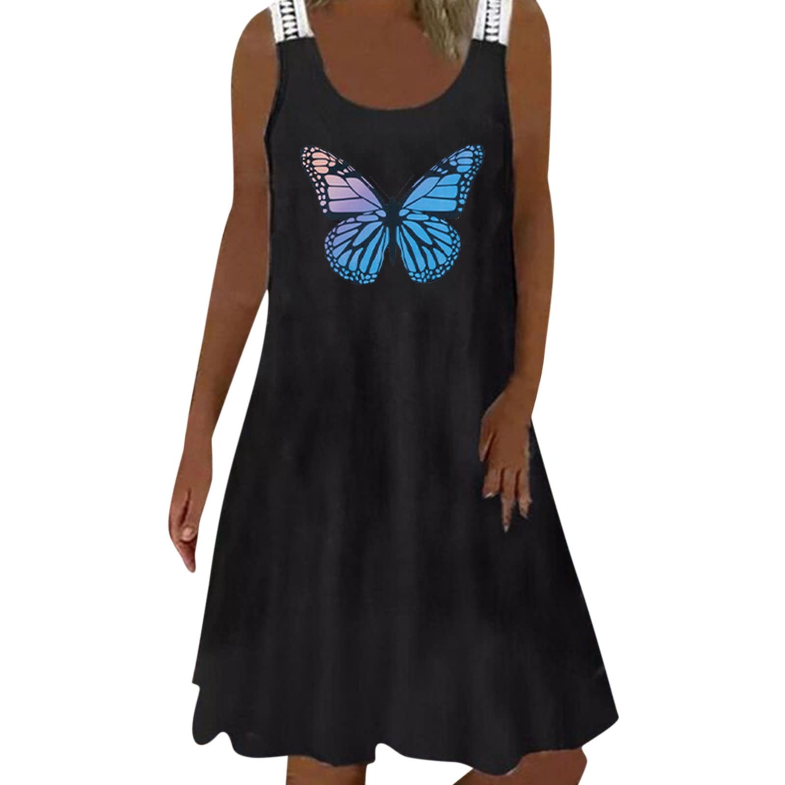 Women's Casual O-Neck Sunflower & Heart Print Vest Dress - Lace Sleeveless Swing Dress Plus Size Flowy Summer Dress for Beach, Party & Everyday Wear