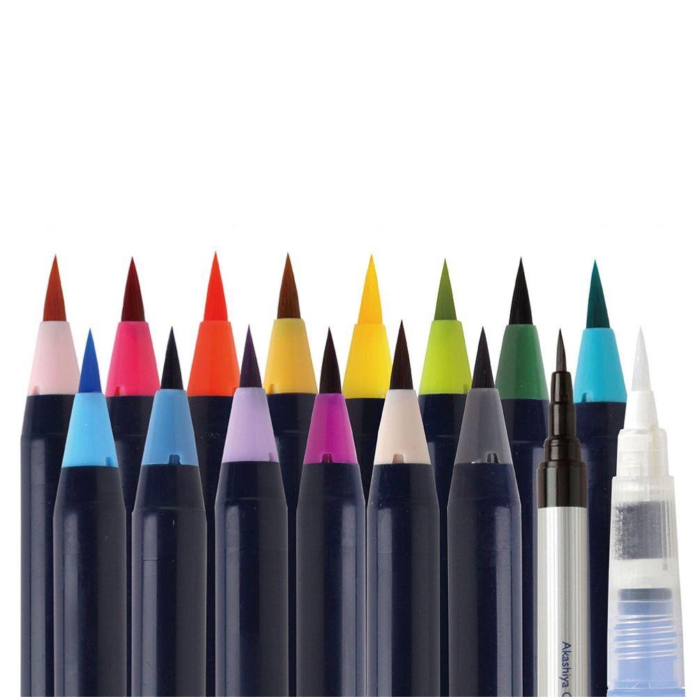 Akashiya Watercolor Brush Pen Set - 15 Vibrant Traditional Japanese Colors for Artists, Calligraphy & DIY Craft Projects