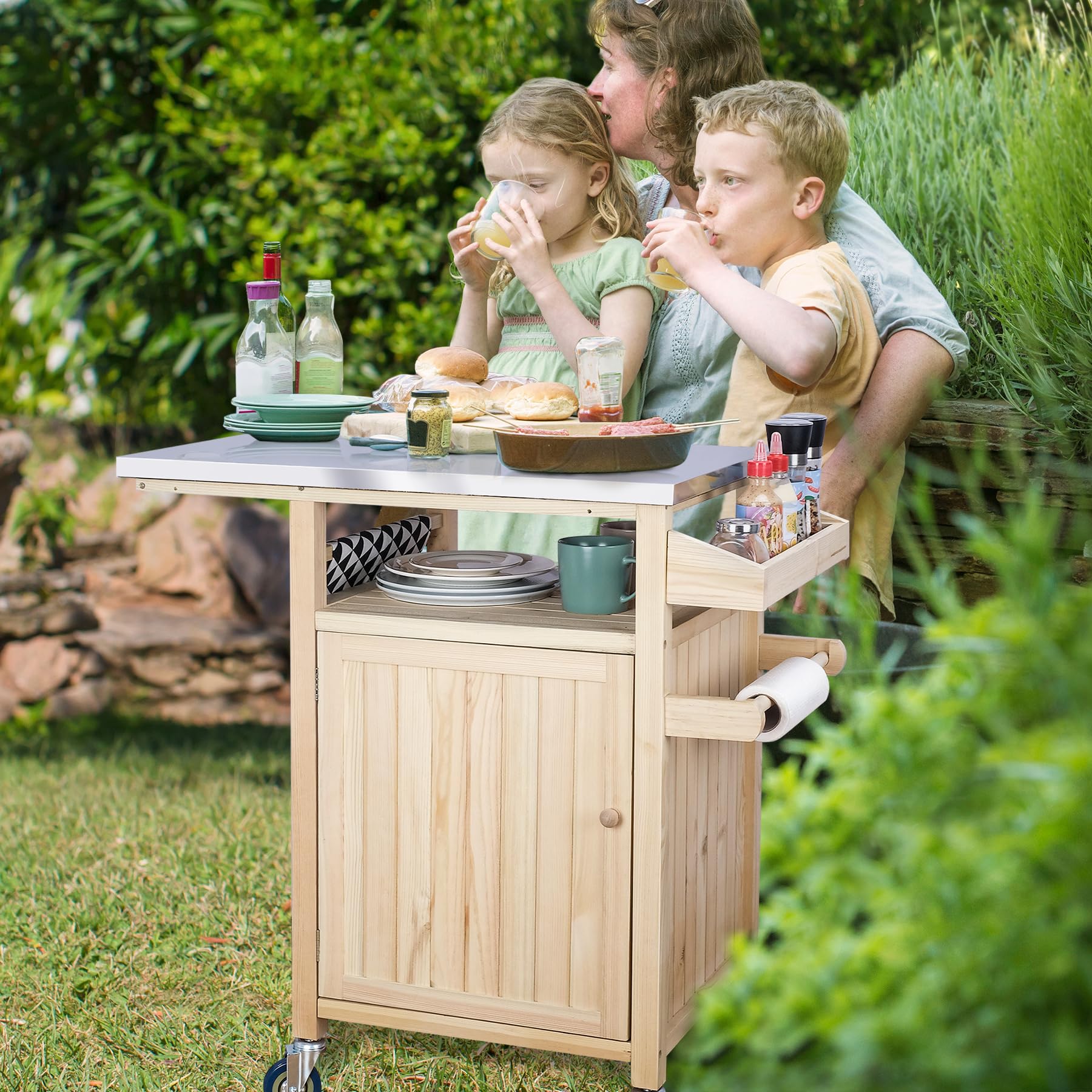 Portable Outdoor Grill Table with Storage Cabinet - Solid Wood BBQ Cart with Wheels & Stainless Steel Top | Perfect for Backyard, Patio, Camping and Tailgating Parties