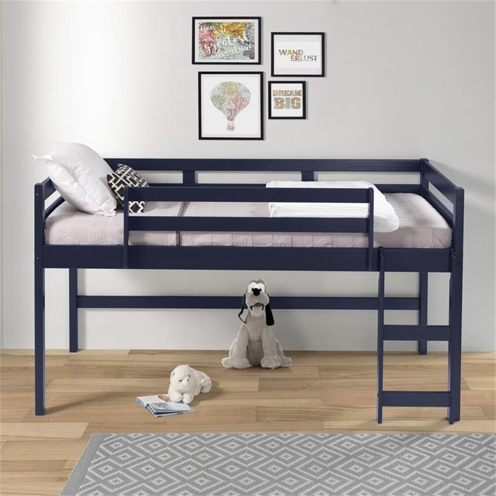 Acme Lara Twin Wooden Loft Bed with Guard Rail & Ladder - Navy Blue Space-Saving Kids Bedroom Furniture for Small Rooms & Dorm Rooms