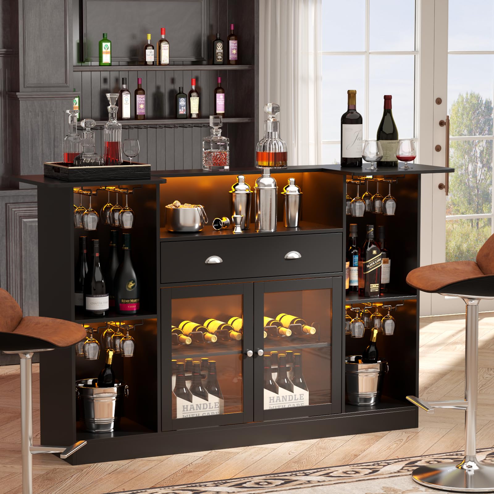 Premium Loomie LED Bar Table Cabinet with Drawer - 8-Tier Storage Mini Liquor Bar with Stemware Holder & Adjustable Wine Rack - Crescent Shaped Glass Door Counter for Home Pub, Kitchen, Living Room or Man Cave