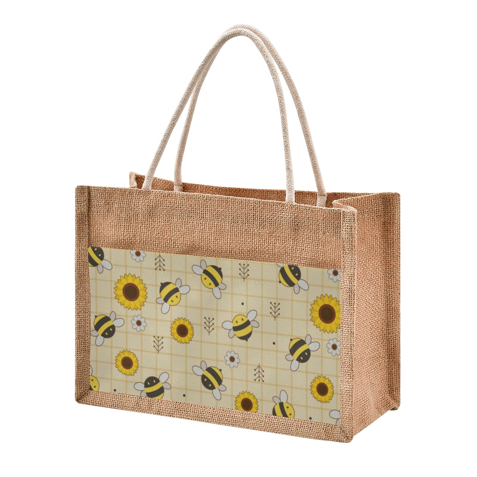 Stylish Cute Bee Sunflower Jute Tote Bag with Zipper & Handles - 12x9 Inch Reusable Canvas Shopping Grocery Bag for Women - Perfect for Travel, Picnic, Beach & Farmers Market