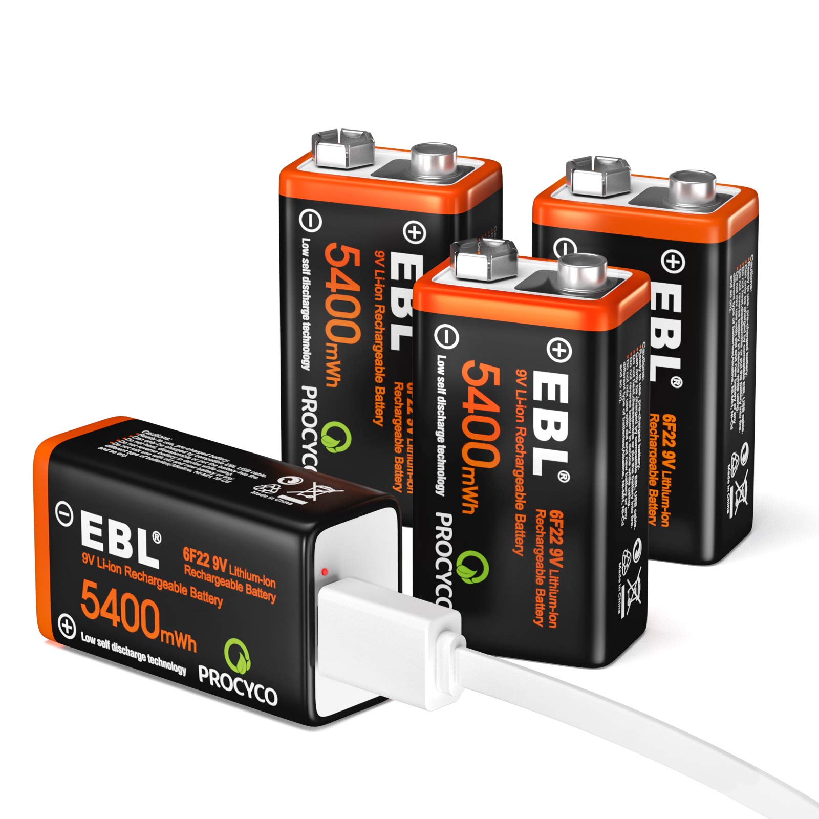 EBL USB Rechargeable 9V Lithium Ion Batteries (4 Pack) - 5400mWh High Capacity Long Lasting 9 Volt Batteries with Micro USB Charging Cable - Perfect for Guitar Pedals, Smoke Detectors, and Electronic Devices