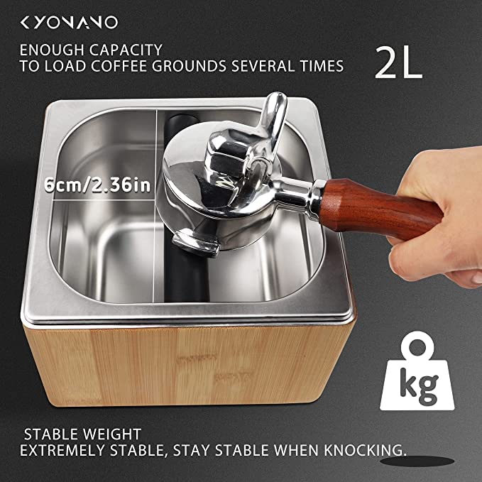 KYONANO Espresso Knock Box - Durable Bamboo & Stainless Steel Coffee Grounds Container with Non-Slip Base - Perfect for Home Baristas & Coffee Shops - Essential Espresso Accessory for Latte, Cappuccino & Americano Brewing