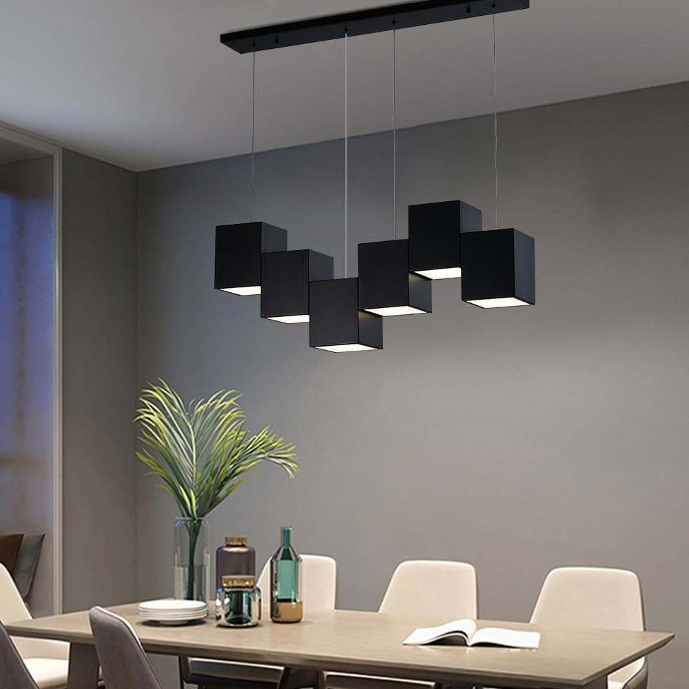 Modern Black Kitchen Island Lighting - 6-Light Square Linear Chandelier for Dining Room & Kitchen Ceiling Hanging Pendant Light - Perfect for Farmhouse, Contemporary Dining Areas & Breakfast Nooks