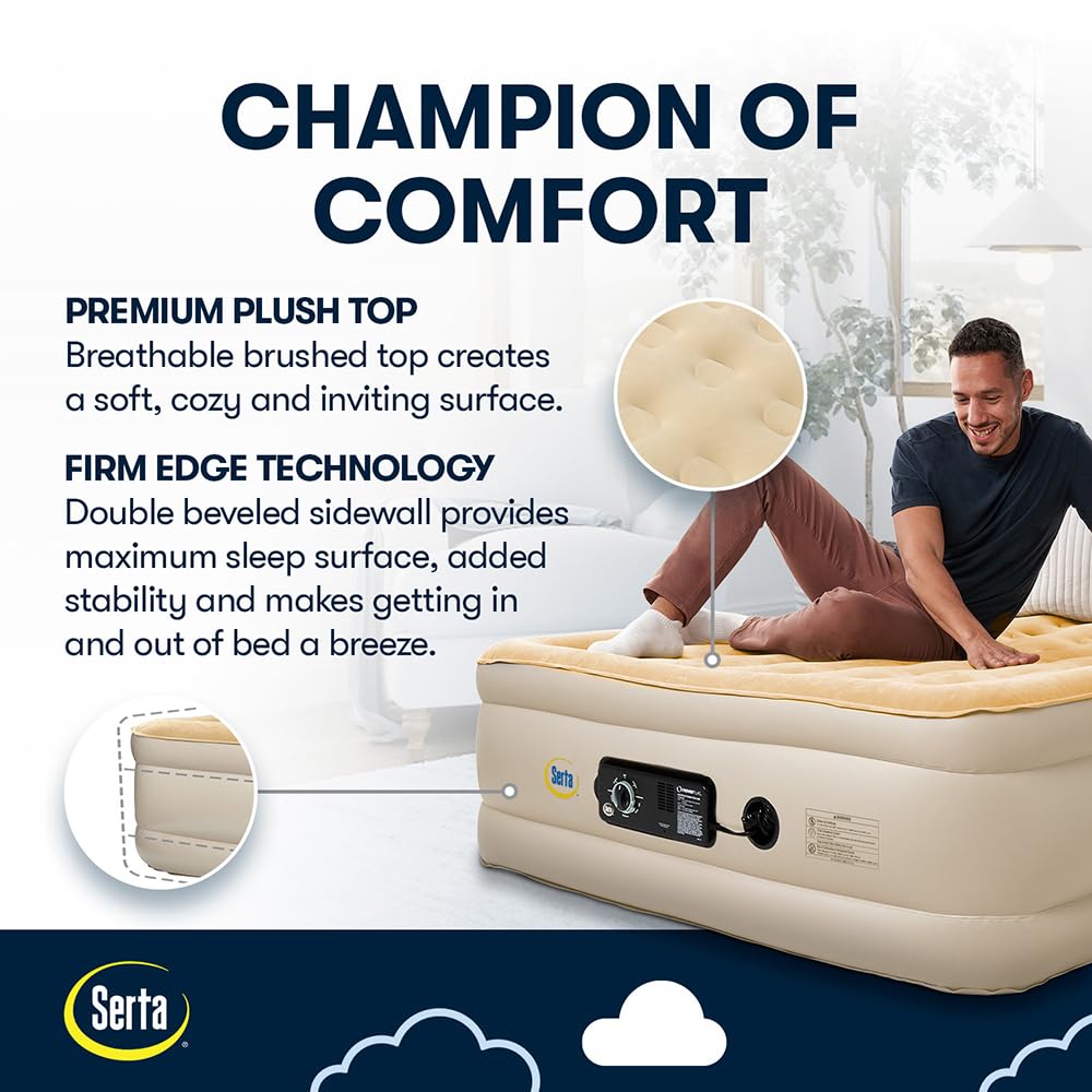 Serta Raised Air Mattress with Never Flat Pump - Luxury Inflatable Bed with Built-in Air Pump for Comfortable Sleep | Heavy Duty Blow Up Mattress with Self-Inflating Technology | Perfect for Camping, Guest Beds & Home Use