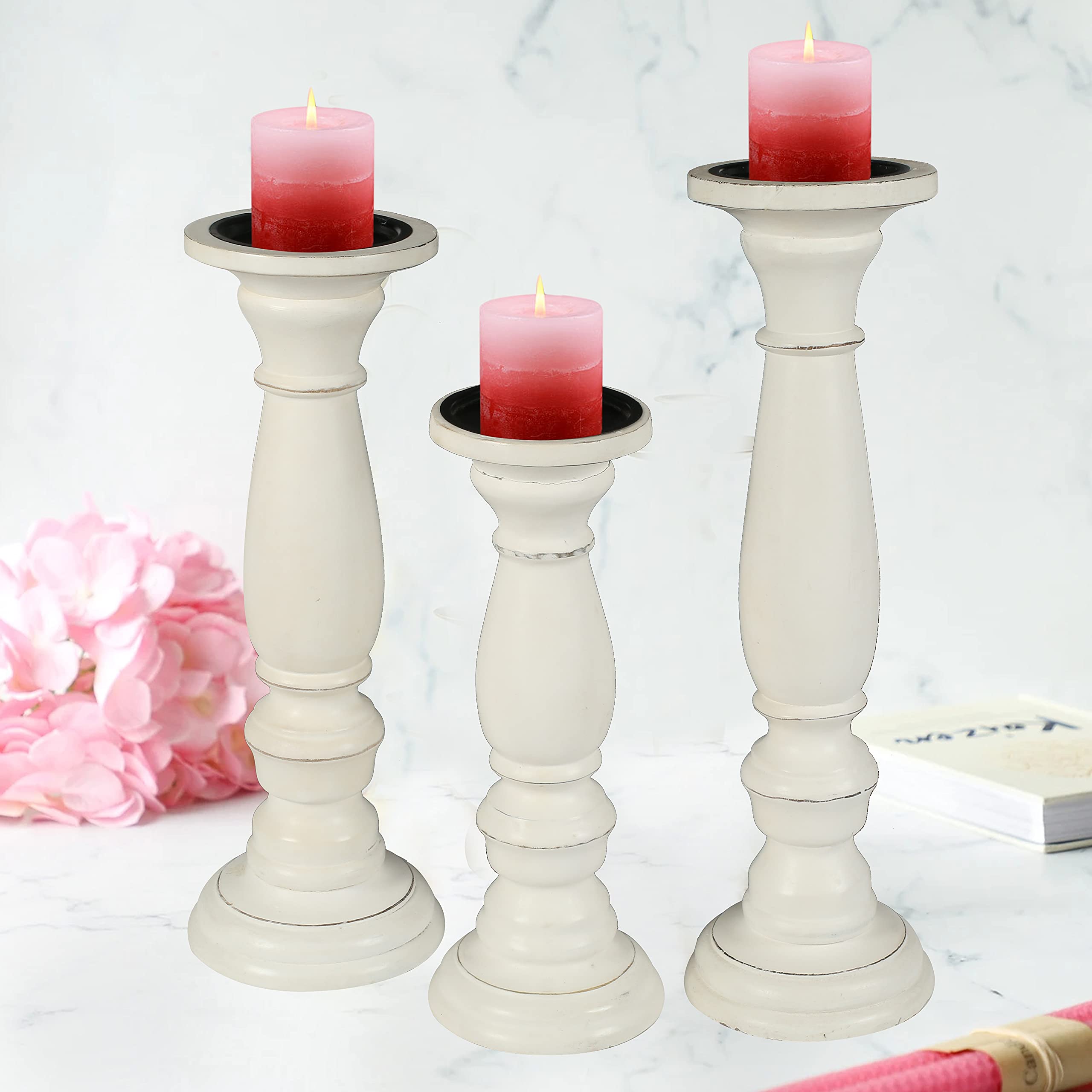 Wooden Candle Holder Stand Set of 3 - 16,14,12 Inch White Country Style Candelabra for Wedding Unity Ceremony, Party Decor & Home Spa Relaxation | Rustic Home Decor & Thoughtful Gift Idea