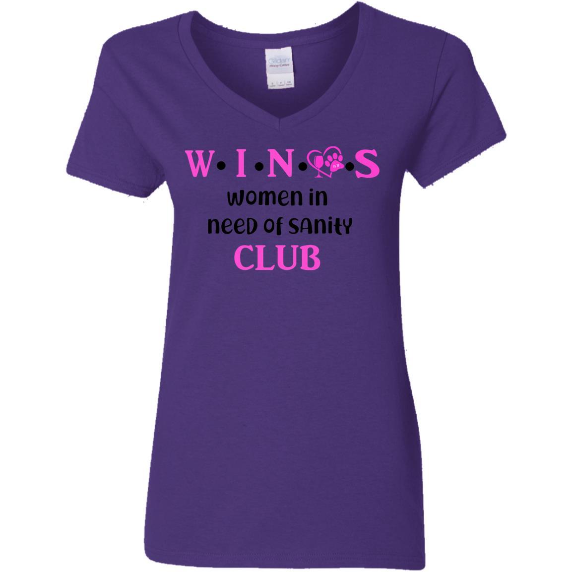 WineyBitches.Co WINOS Club Women's 5.3 oz V-Neck T-Shirt with Pink Lettering - Perfect for Wine Tasting, Girls Night Out & Casual Wear