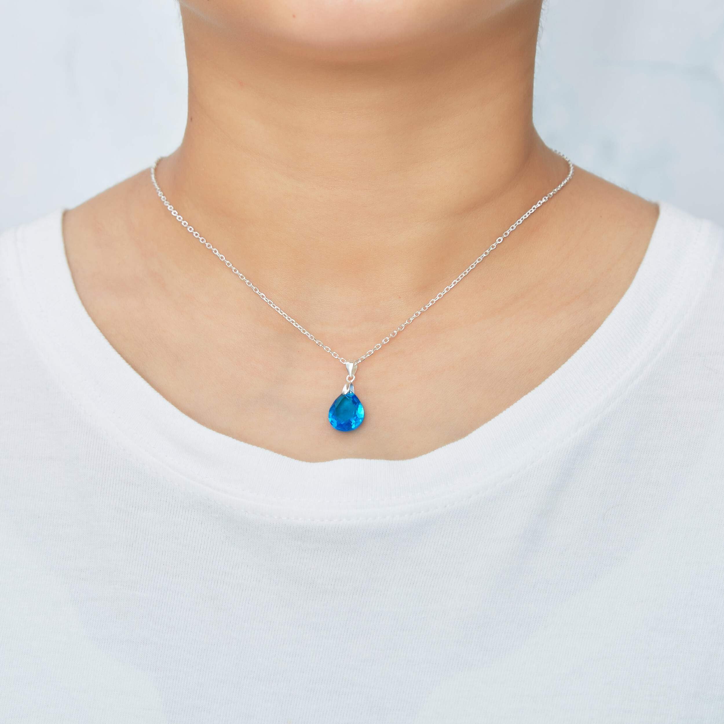 Sterling Silver Aquamarine Pear Necklace with Zirconia - Elegant Gift for Her
