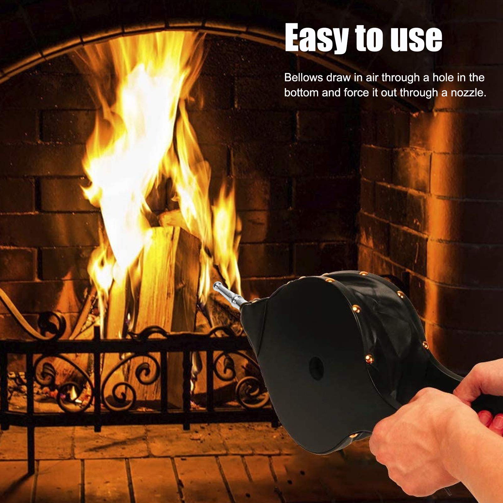 Large Fireplace Bellows with Leather Strap - 15.6x7.1 Inch Manual Air Blower for Wood Stove, BBQ Grill & Outdoor Cooking | Perfect for Camping, Picnics & Chimney Fire Starting | Durable Cast Nozzle & Decorative Hanging Accessory