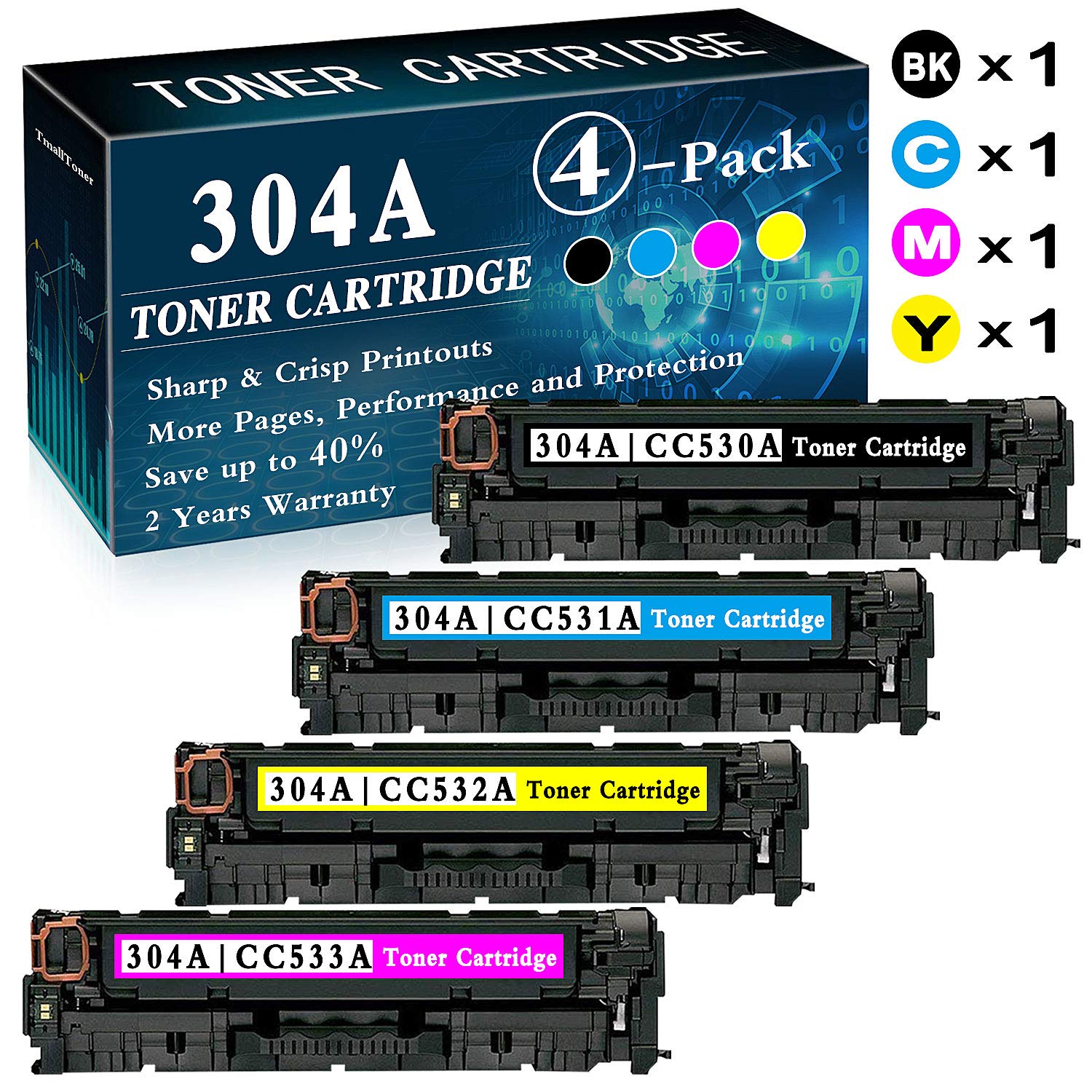 4-Pack Remanufactured Toner Cartridges (BK+C+Y+M) - Compatible with HP 304A for Color LaserJet CP2025/CP2025n/CP2025dn/CP2025x & CM2320 Series Printers - High-Quality Replacement for Home & Office Printing Needs