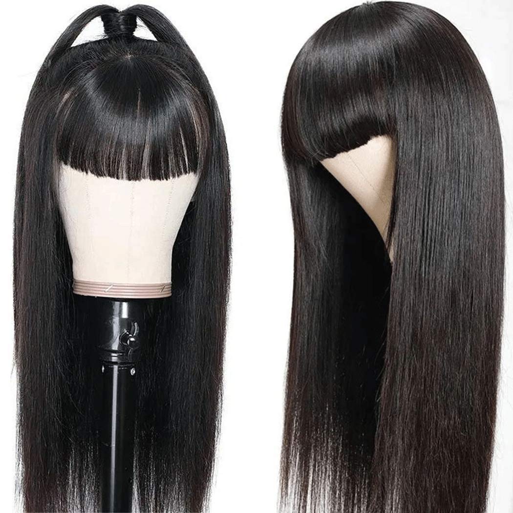 Peruvian Straight Human Hair Wigs with Bangs - 150% Density Machine Made Non-Lace Front Wig for Women (22 Inch, Natural Black) | Everyday Wear, Cosplay & Special Occasions