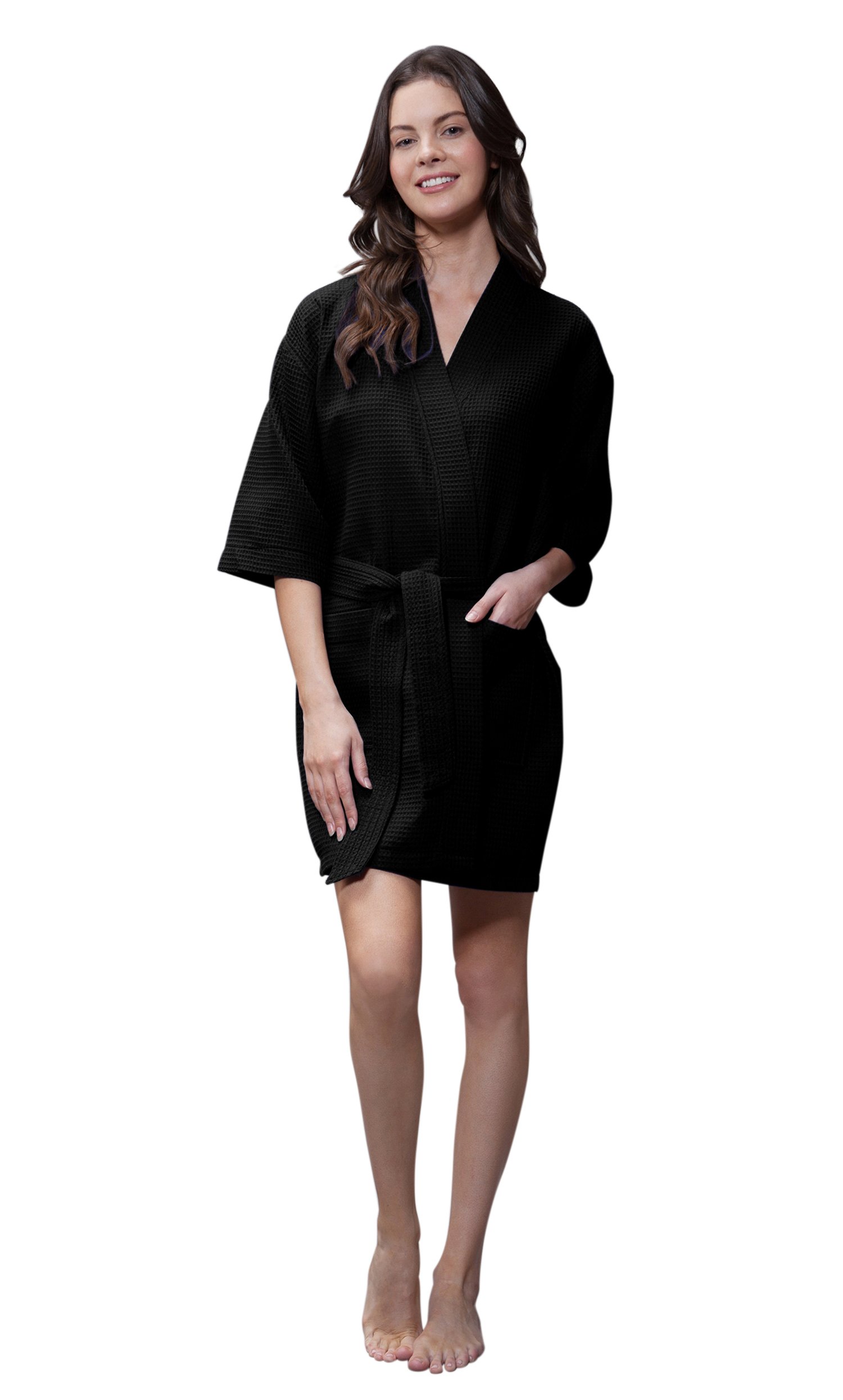 Lightweight Turquoise Linen Waffle Kimono Robe for Women - Knee Length Spa Bathrobe & Bridesmaid Dress for Beach, Wedding, and Relaxation at Home