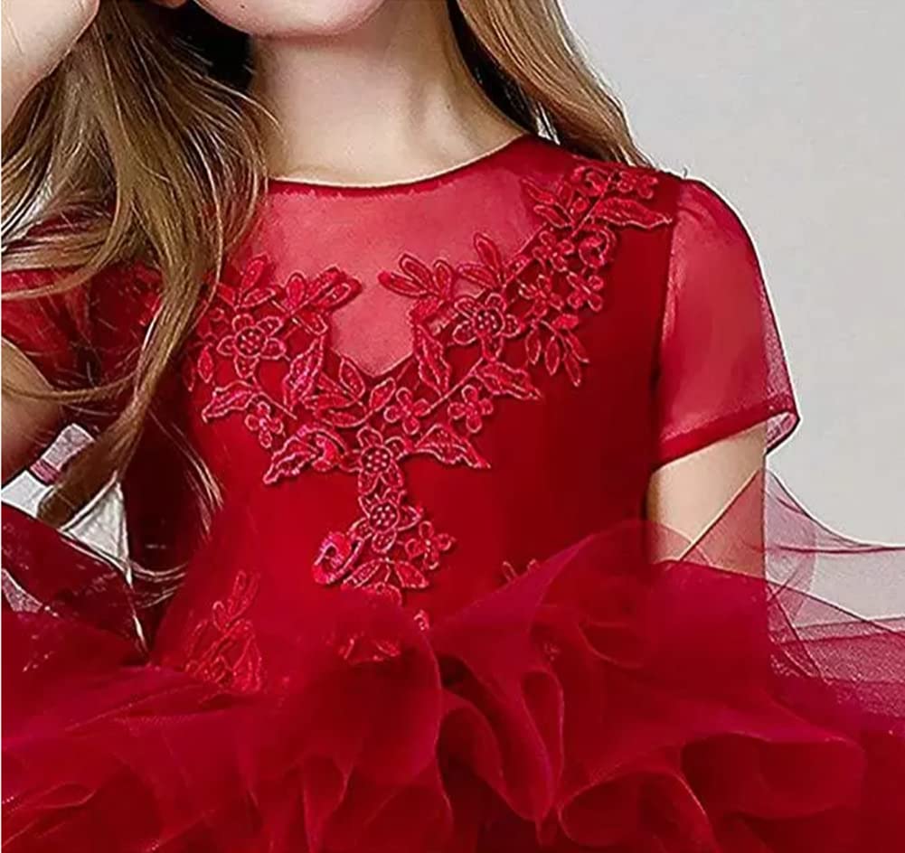 Honeydress Girls' Elegant High-Low Pageant Dress with Ruffles - Puffy Tulle Communion Gown for Kids in Burgundy (Size 11) | Perfect for Weddings, Baptisms & Special Occasions