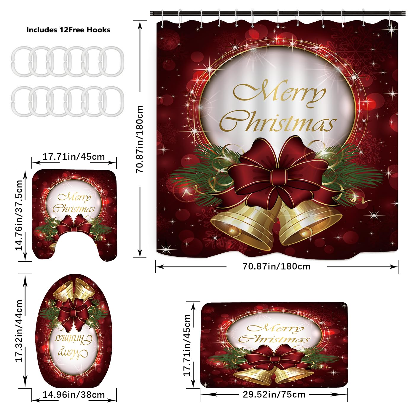 Waterproof Christmas Shower Curtain Set with Matching Bath Rugs - Holiday Bathroom Decor with Xmas Tree & Bells Design - Perfect for Festive Home Decor, Guest Bathrooms & Seasonal Celebrations
