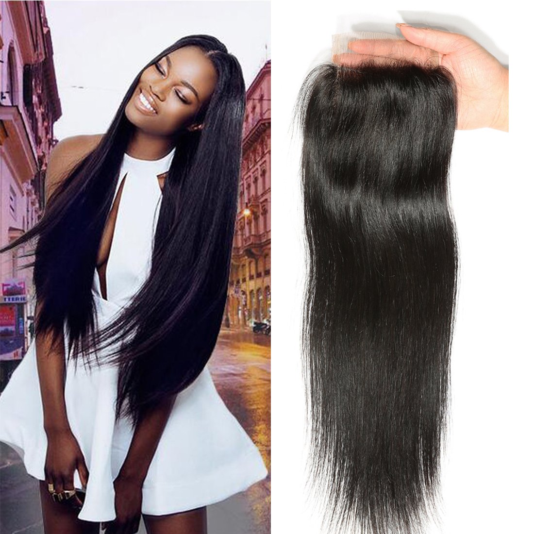 Beauty Forever Brazilian Straight 4x4 Lace Closure - 100% Human Virgin Hair Extensions, 20 Inch, Natural Color | Perfect for Styling, Weaves & Everyday Glam