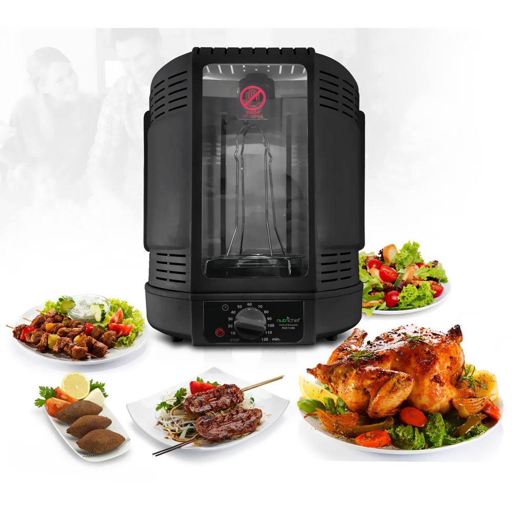 NutriChef Vertical Countertop Rotisserie Oven Roaster - Electric Shawarma & Kebab Grill Machine with Skewers, Rotisserie Rack, Basket Tower & Drip Tray - Perfect for Chicken, Turkey, Lamb - Ideal for Home Cooking, Parties & Outdoor BBQs