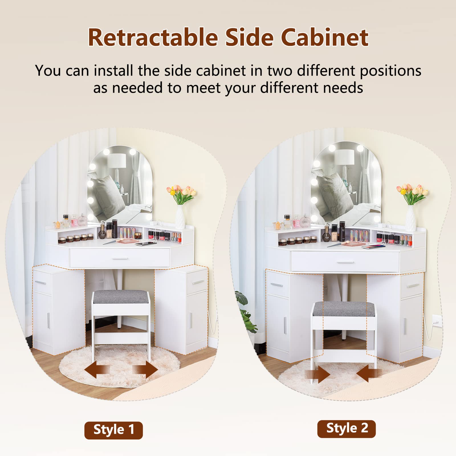 White Vanity Desk with Mirror, Lights & Charging Station - 3 Drawers, Retractable Cabinets & Cushioned Stool - Makeup Dressing Table for Bedroom, Home Office & Christmas Gifts