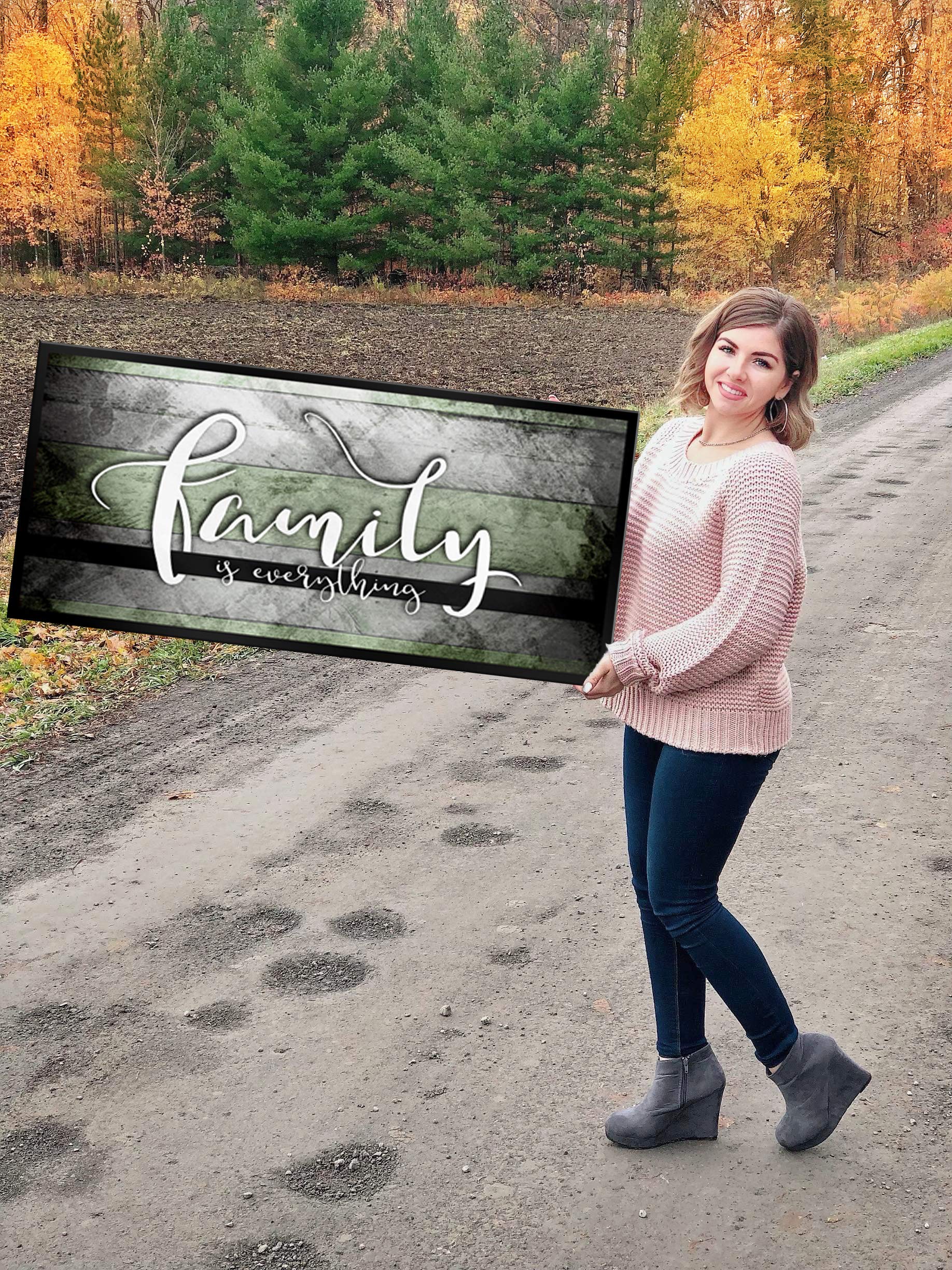 Family Is Everything Wall Art - Framed Canvas Painting for Living Room & Farmhouse Decor - Large 42x19 Inch Green & Black Floating Frame - Perfect for Home, Office, and Gift Giving