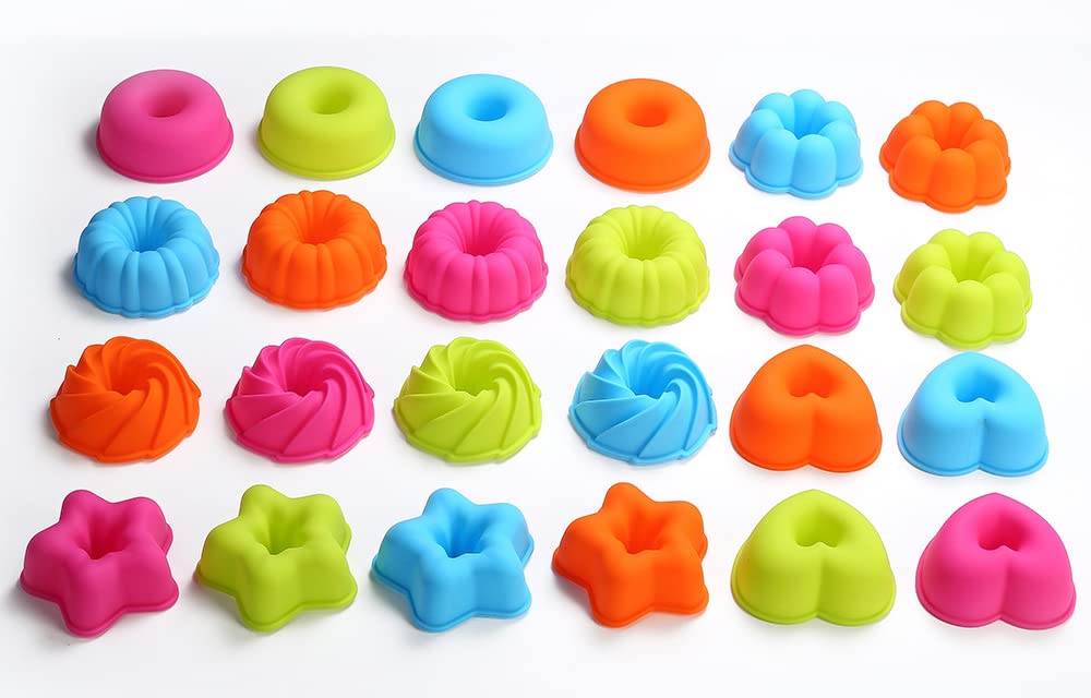Colorful Silicone Muffin Cups - 24-Piece Set with 6 Shapes for Baking, DIY Desserts & Cupcakes - Heat-Resistant, Reusable Cake Molds - Perfect for Parties, Holidays & Home Baking
