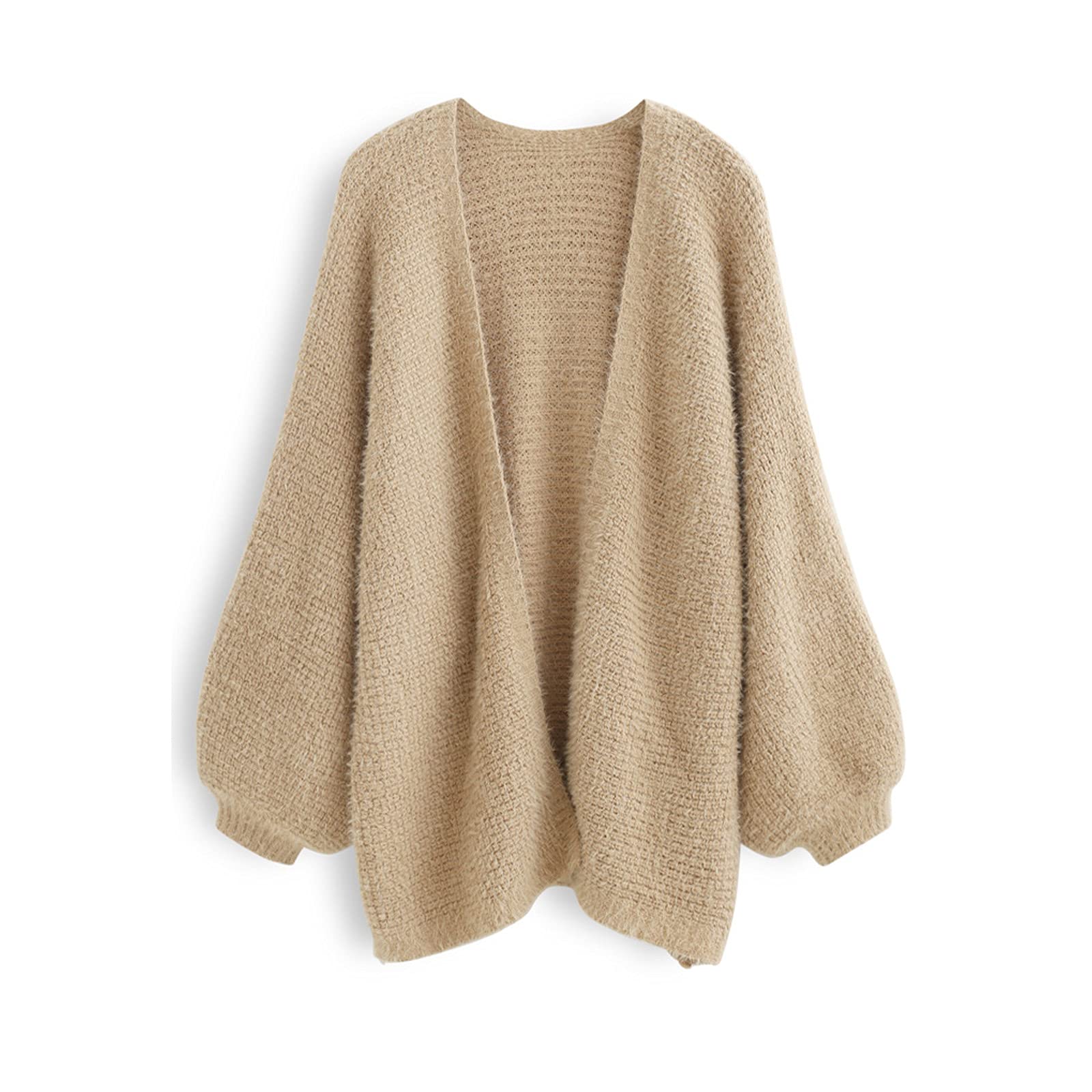 CHICWISH Women's Fuzzy Open Front Waffle Knit Cardigan - Long Lantern Sleeve Oversized Cozy Sweater in Tan, Pink & Blue | Perfect for Fall Layering, Coffee Dates & Casual Outfits