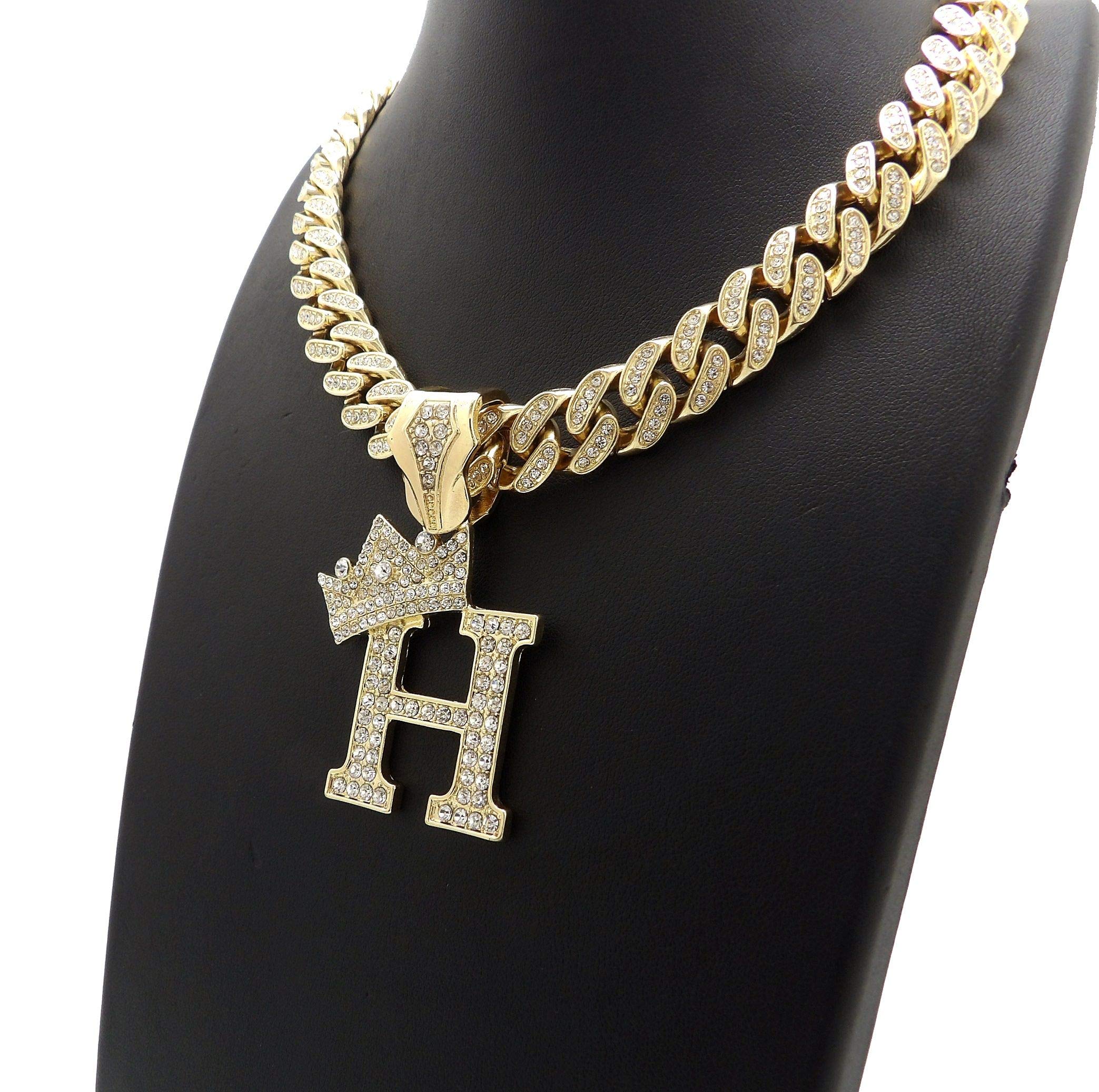 NYFASHION101 Iced Out Miami Cuban Chain Necklace with 12mm Stone Stud Crown Initial Pendant - Perfect for Hip Hop Jewelry, Streetwear Fashion & Gift Giving
