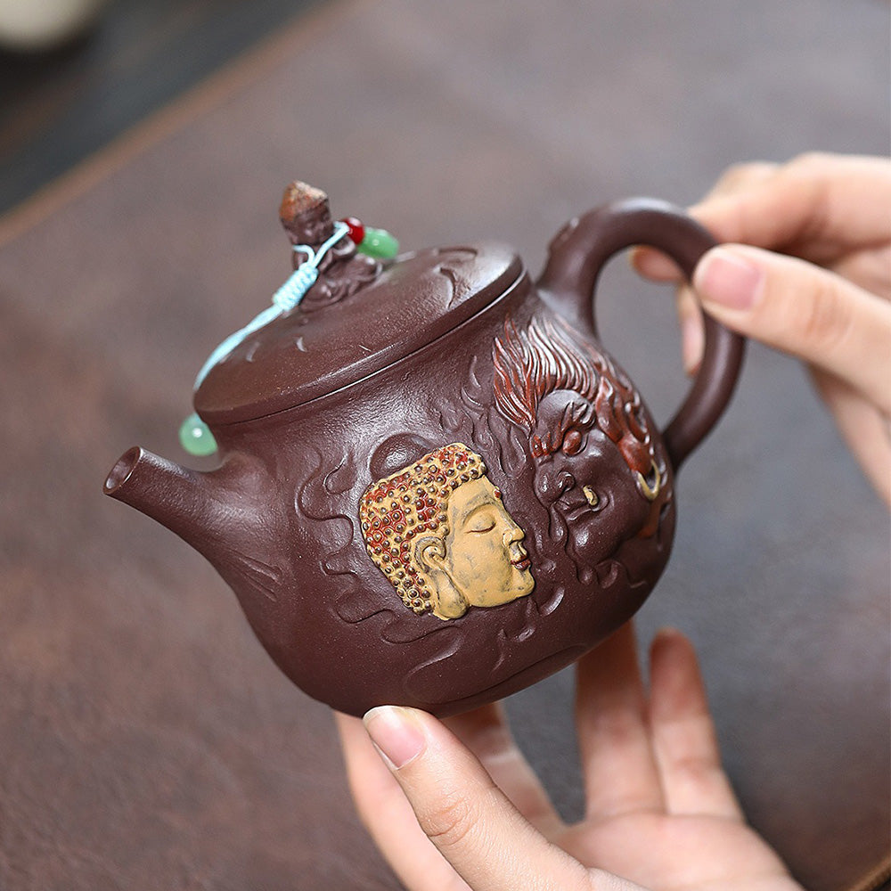 Premium Yixing Purple Clay Teapot - Handcrafted Buddha & Demon Design | Authentic Chinese Tea Ceremony Pot for Gongfu Tea, Meditation & Home Decor
