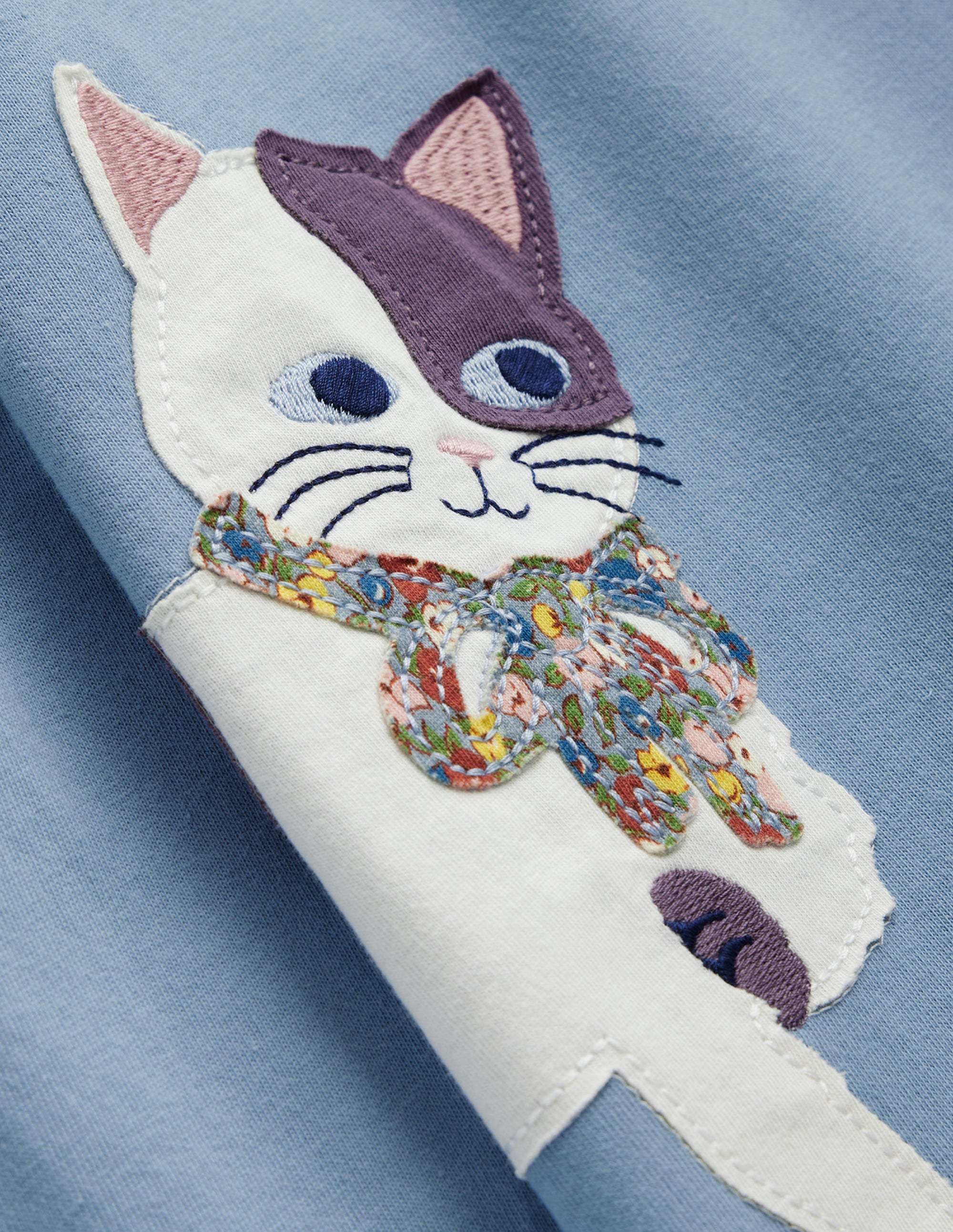 Pebble Blue Cats Appliqué Jersey Tunic Top - Women's Casual Knit Blouse for Work & Weekend Outfits