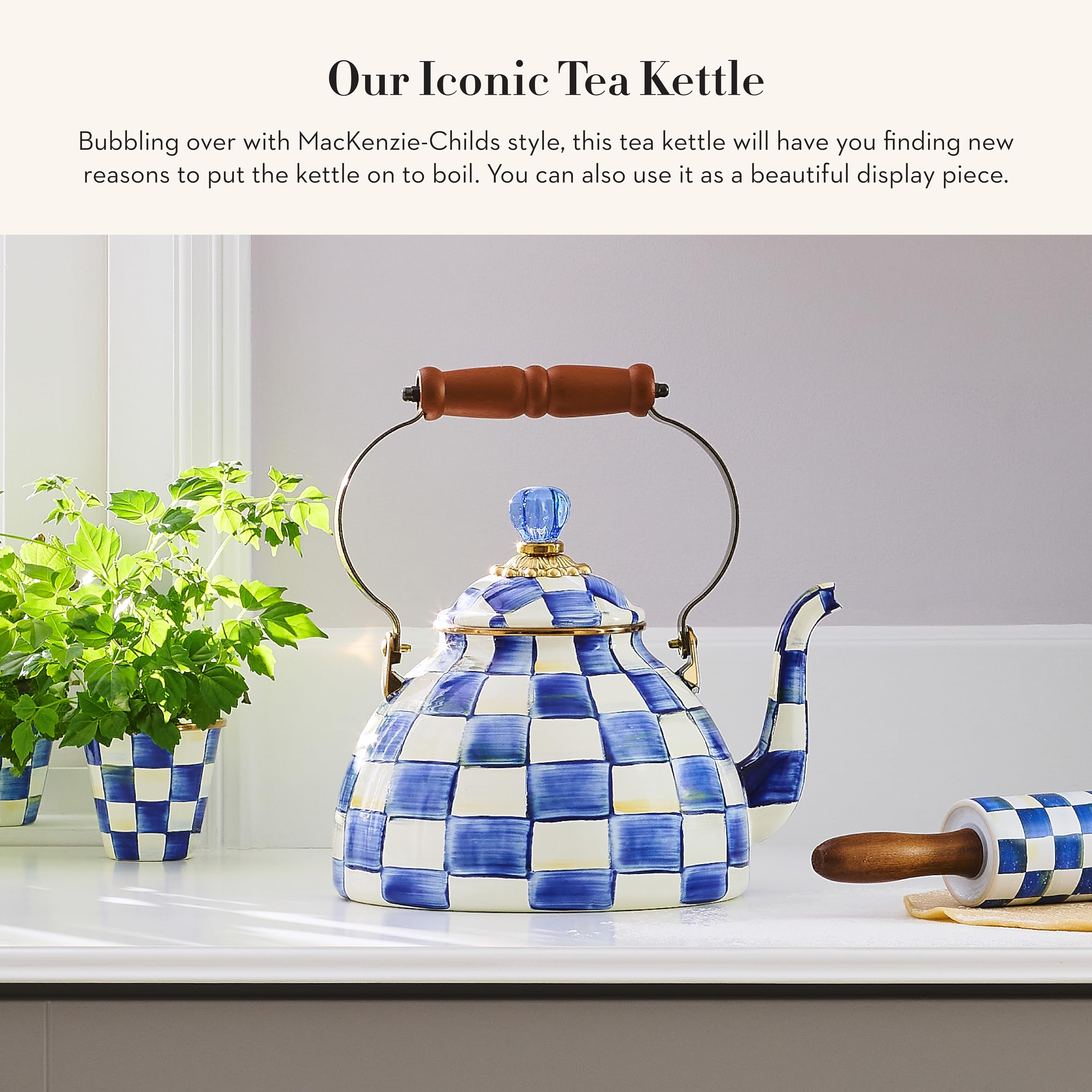 MACKENZIE-CHILDS Enamel Tea Kettle 3 Quart - Blue & White Royal Check Stovetop Teapot - Vintage Style Tea Kettle for Gas & Electric Stoves - Perfect for Home Kitchen, Afternoon Tea & Gift Giving