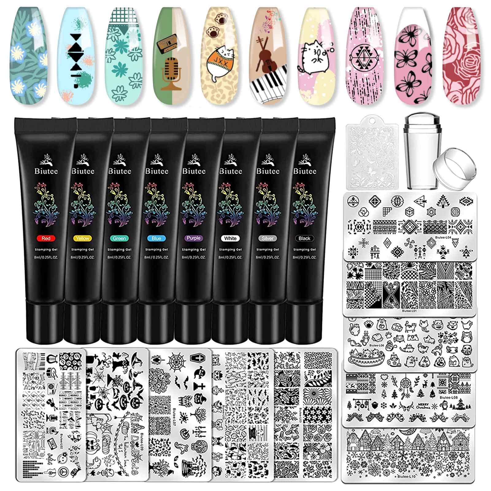 Biutee 8-Piece Nail Stamping Plates Set with 10 Nail Art Templates & Stamper - Rose Flower Animal Designs for Valentine's Day - Perfect for DIY Gel Polish Manicures at Home or Salon