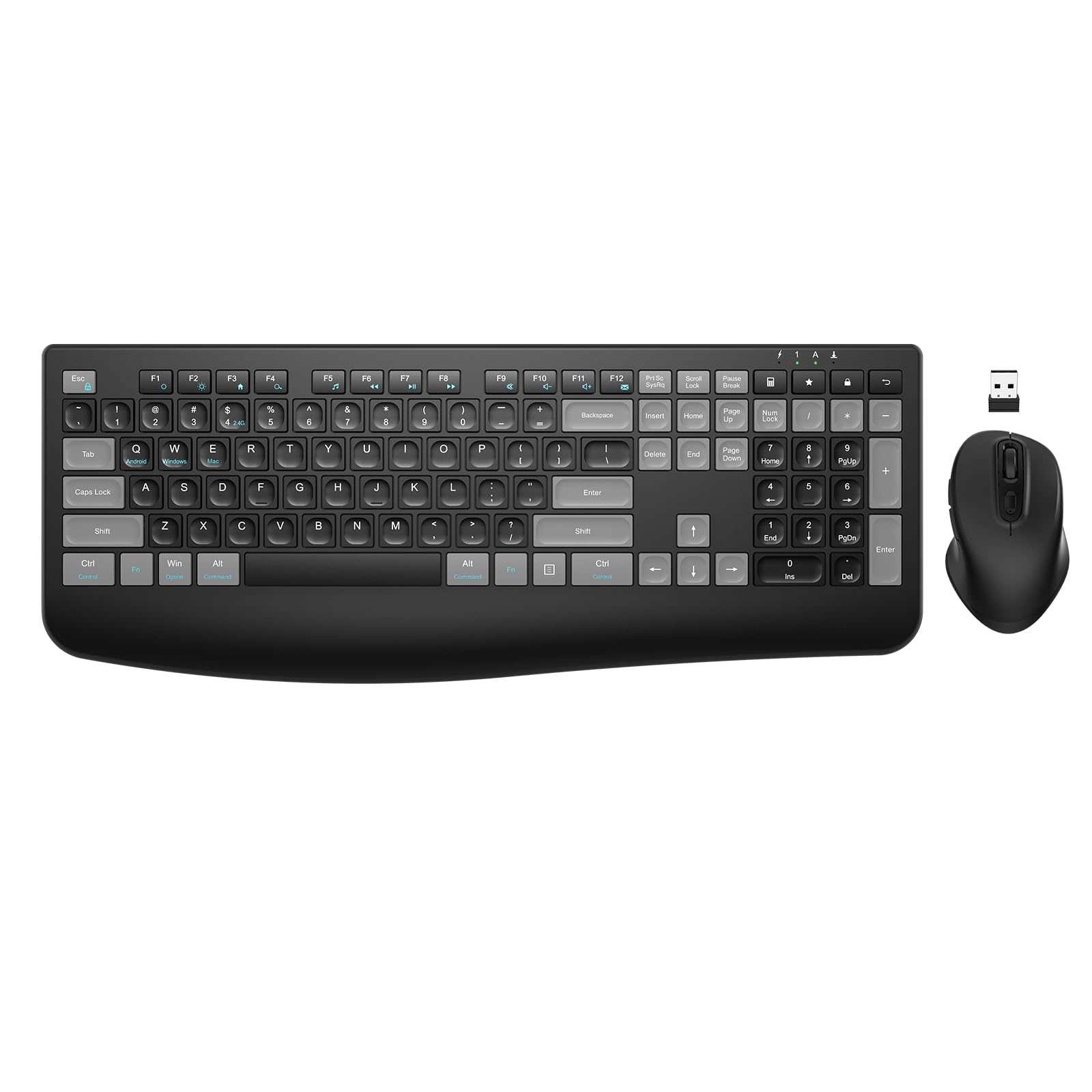 EDJO 2.4G Wireless Keyboard and Mouse Combo - Rechargeable Full-Size Ergonomic Keyboard with Wrist Rest & Adjustable DPI Mouse for Windows/Mac - Perfect for Office, Gaming & Home Use (Black Grey)