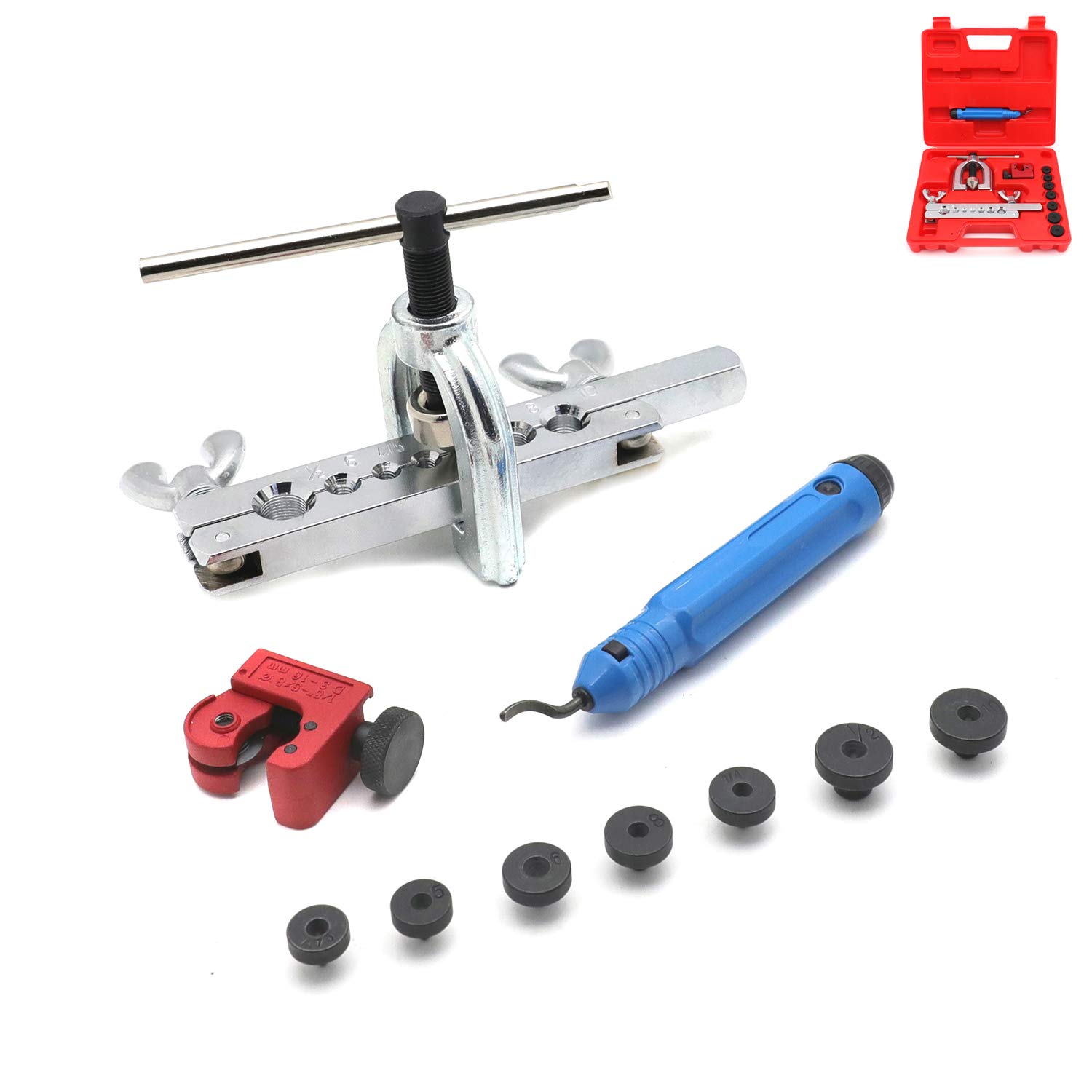 HK-7 Dies Double Flaring Tool Kit for Brake Lines - Professional Copper & Brass Tubing Flaring Tool with Case - Perfect for Car, Truck, and Mini Pipe Repair - Includes Cutter & Deburrer (ET-TOOL025-RED) - Ideal for DIY Auto Maintenance and Professional Mechanic Workshops