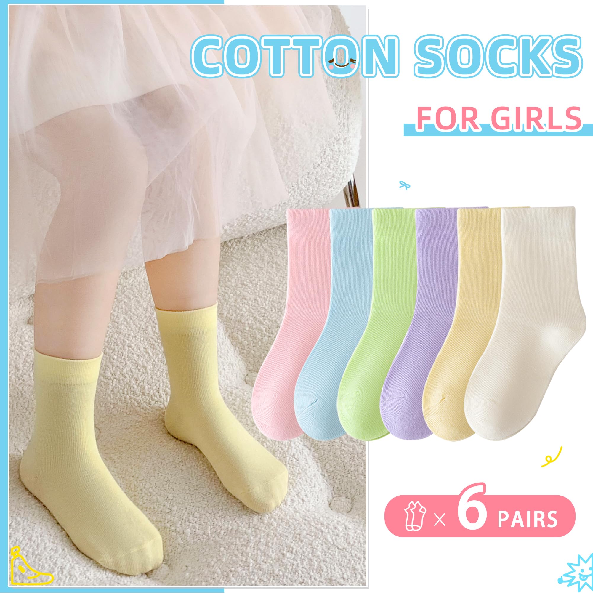 Eocom Girls Crew Socks - 6 Pairs Pack of Cute Cotton Dress Socks for Little Kids & Youth - Perfect for School, Parties, and Everyday Wear