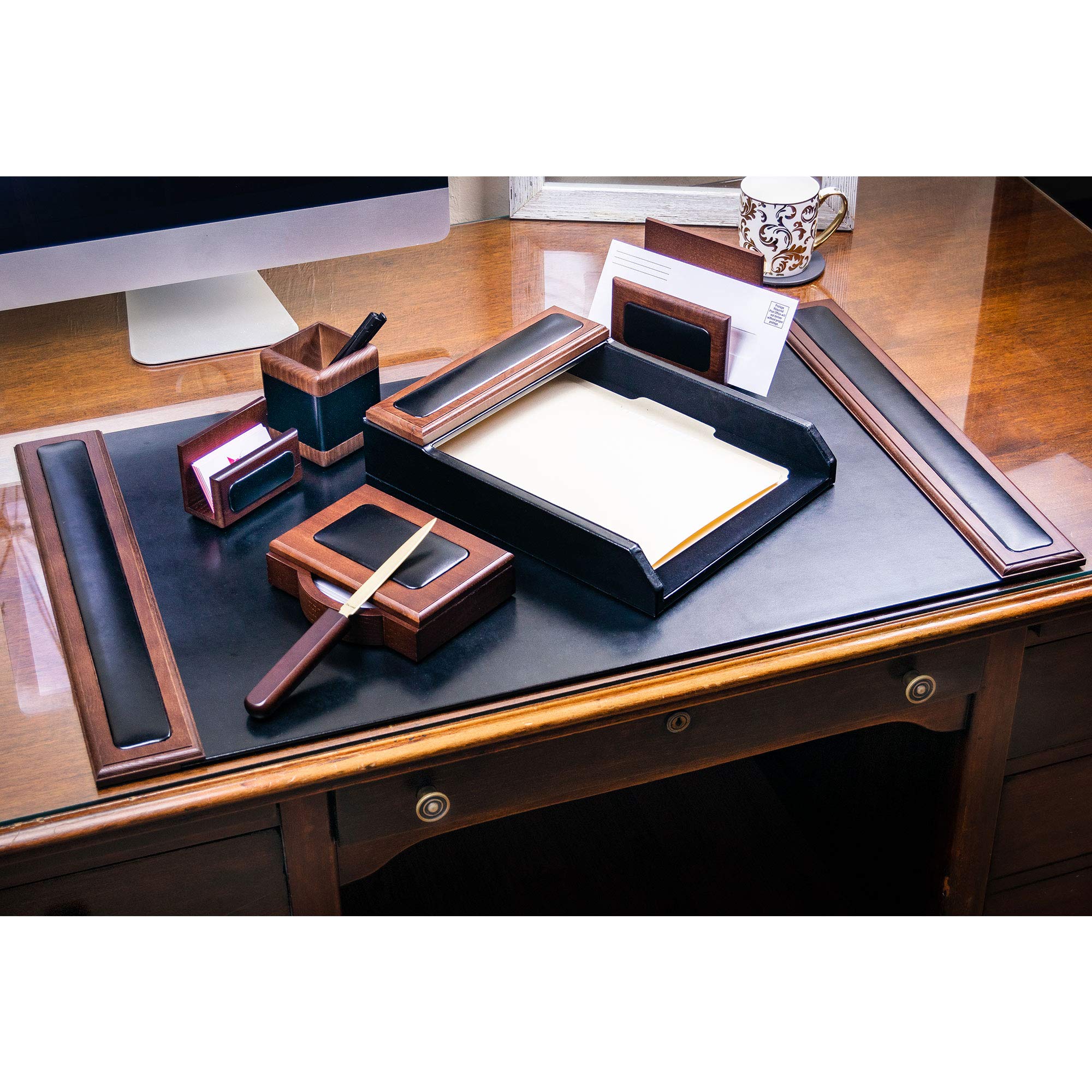 Premium Dacasso Wood & Leather Desk Set - Luxury Leather Desk Pad & Office Organizer with Walnut Wood & Black Leather (7-Piece) - Perfect for Executive Desks, Home Office & Professional Workspaces