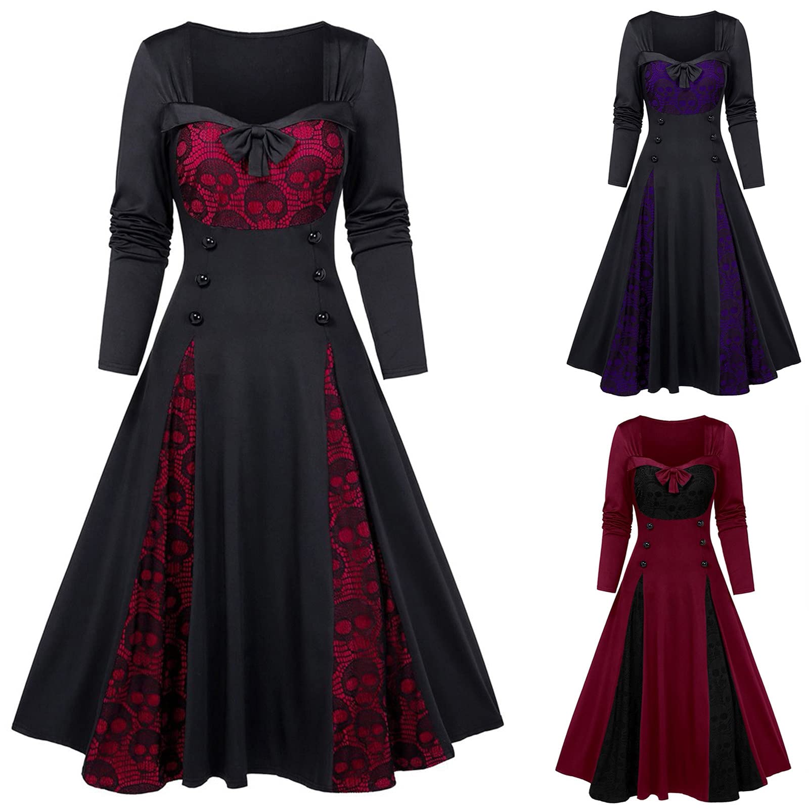 Gothic Black Plus Size Long Sleeve Midi Dress with Lace & Skeleton Print | Steampunk Halloween Costume | Perfect for Gothic Parties, Cosplay Events & Dark Fashion Outfits