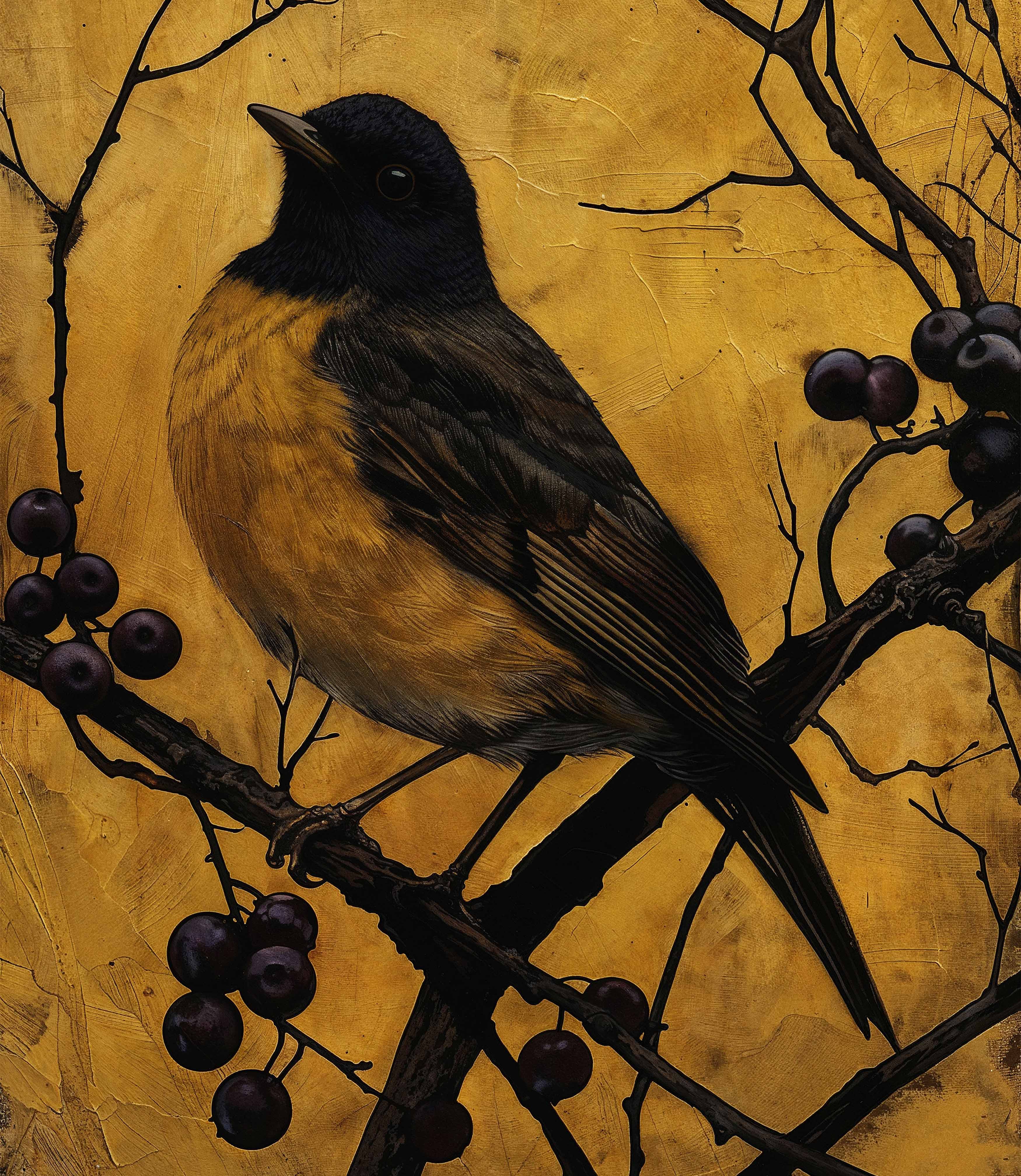 Golden Twilight Warbler Among Berries Limited Edition Canvas Wall Art - Nature Inspired Home Decor for Living Room, Bedroom & Office