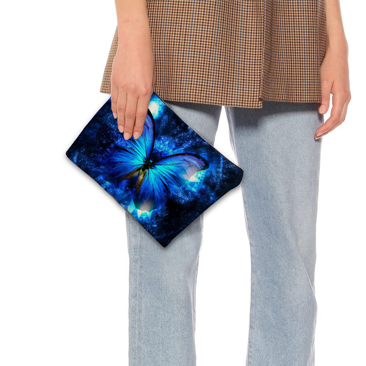 Large Travel Makeup Bag for Women - Waterproof Cosmetic Organizer with Zipper, 7x10 Inch Toiletry Pouch (Blue Butterfly Pattern) - Perfect for Vacation, Gym & Daily Essentials Storage
