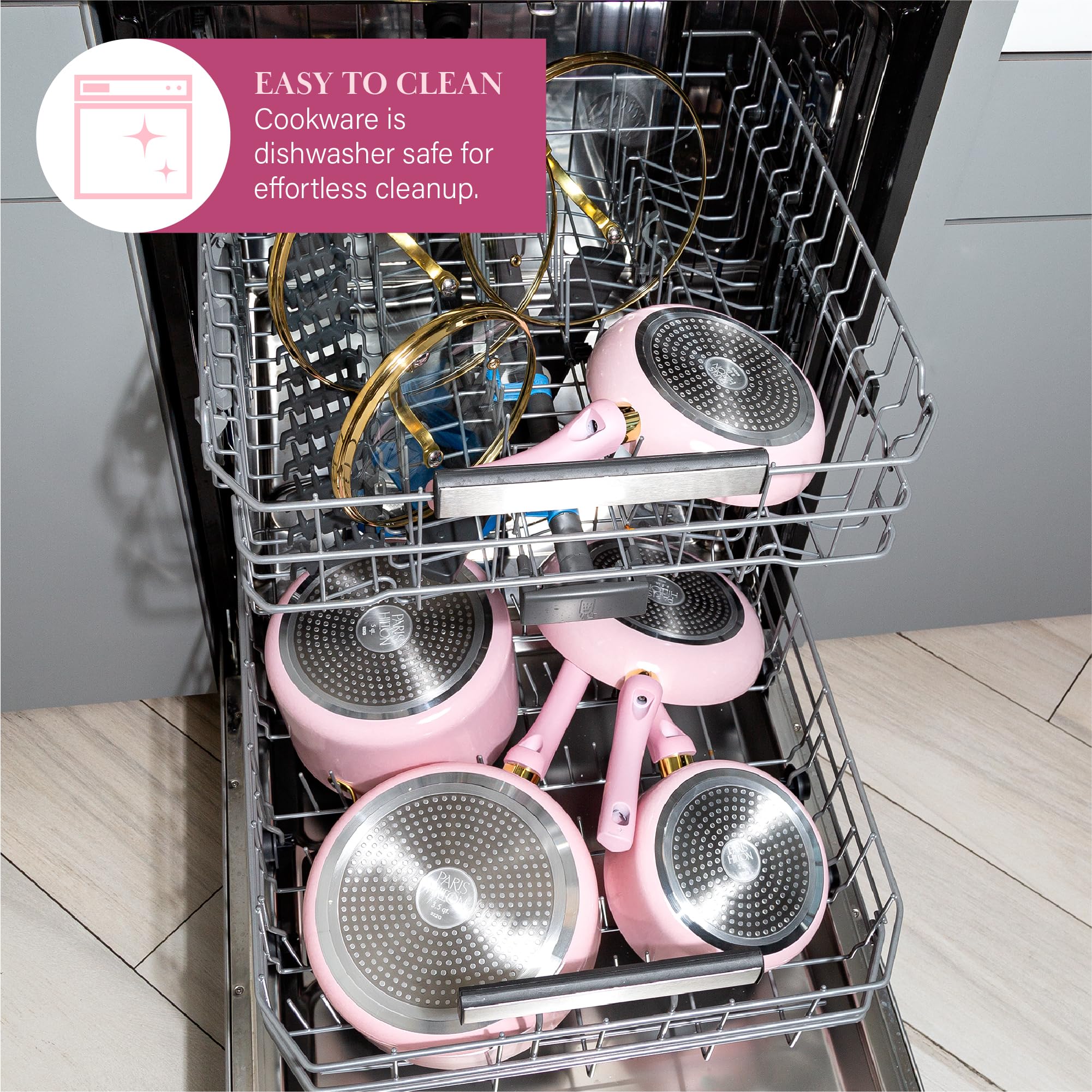 Paris Hilton 12-Piece Nonstick Cookware Set - PFOA-Free, Multi-Layer Coating, Tempered Glass Lids & Cool-Touch Handles - Dishwasher Safe Pink Pots and Pans for Everyday Cooking & Gourmet Meals