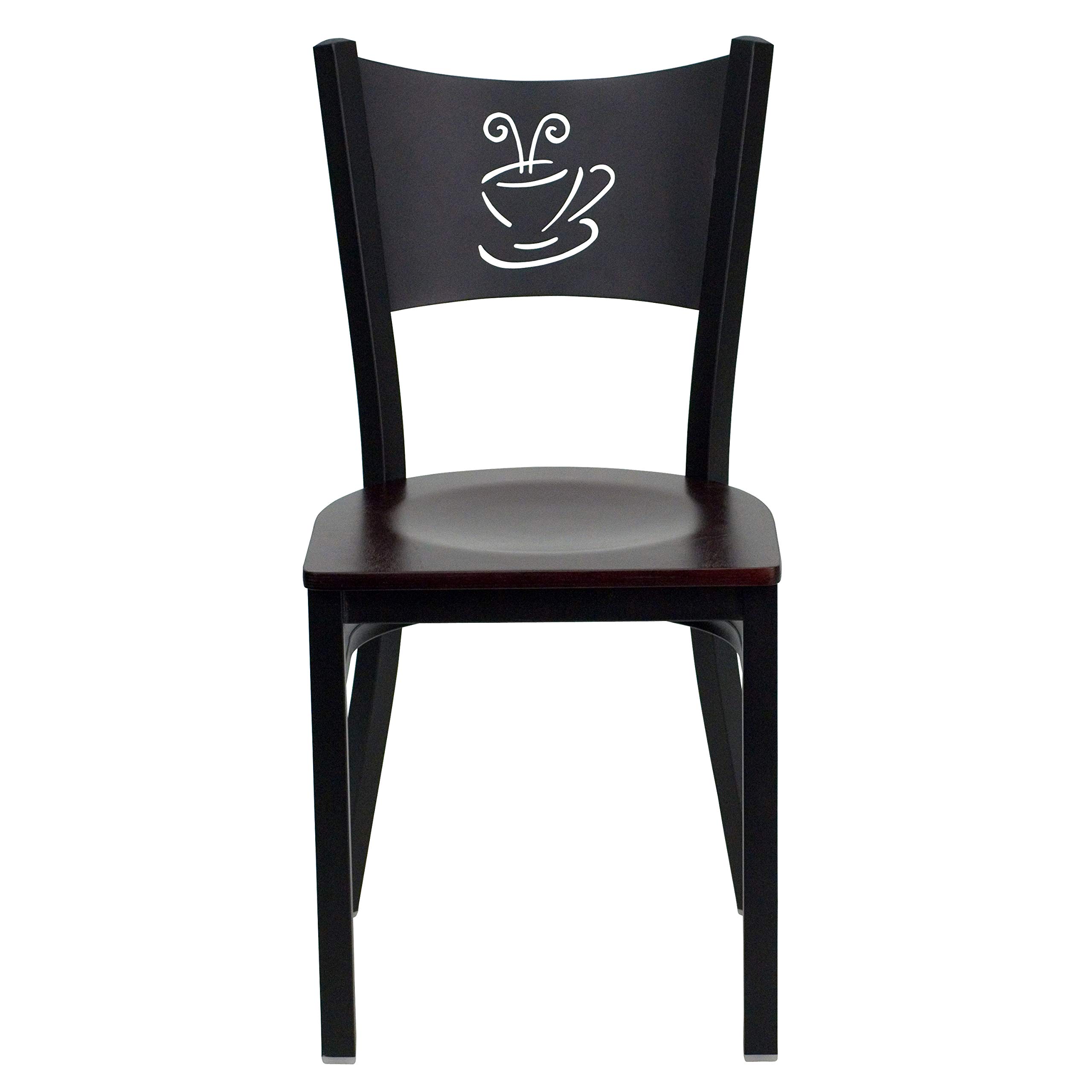 2 Pack Black Metal Coffee Shop Chairs with Mahogany Wood Seats - Durable Restaurant & Cafe Furniture for Indoor & Outdoor Dining Areas