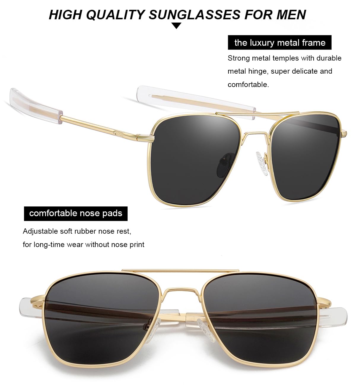 Polarized Aviator Sunglasses for Men - Retro Military Style Square Shades with UV Protection - Perfect for Driving, Outdoor Sports & Fashion Accessories