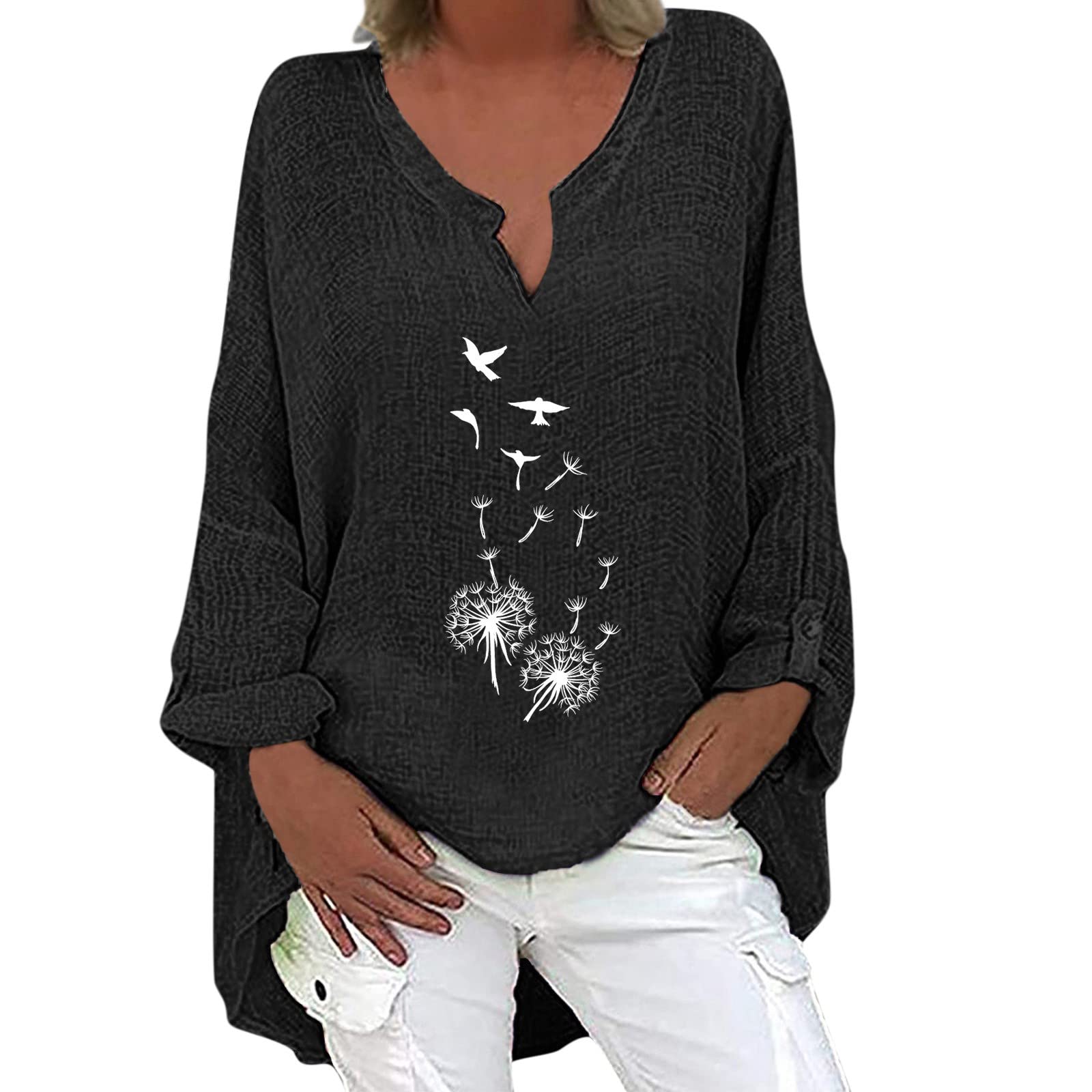 Women's Long Sleeve V-Neck Dandelion Print Blouse with Irregular Hem - Summer Casual T-Shirt Top for Women | Perfect for Office Wear, Date Nights & Weekend Outfits